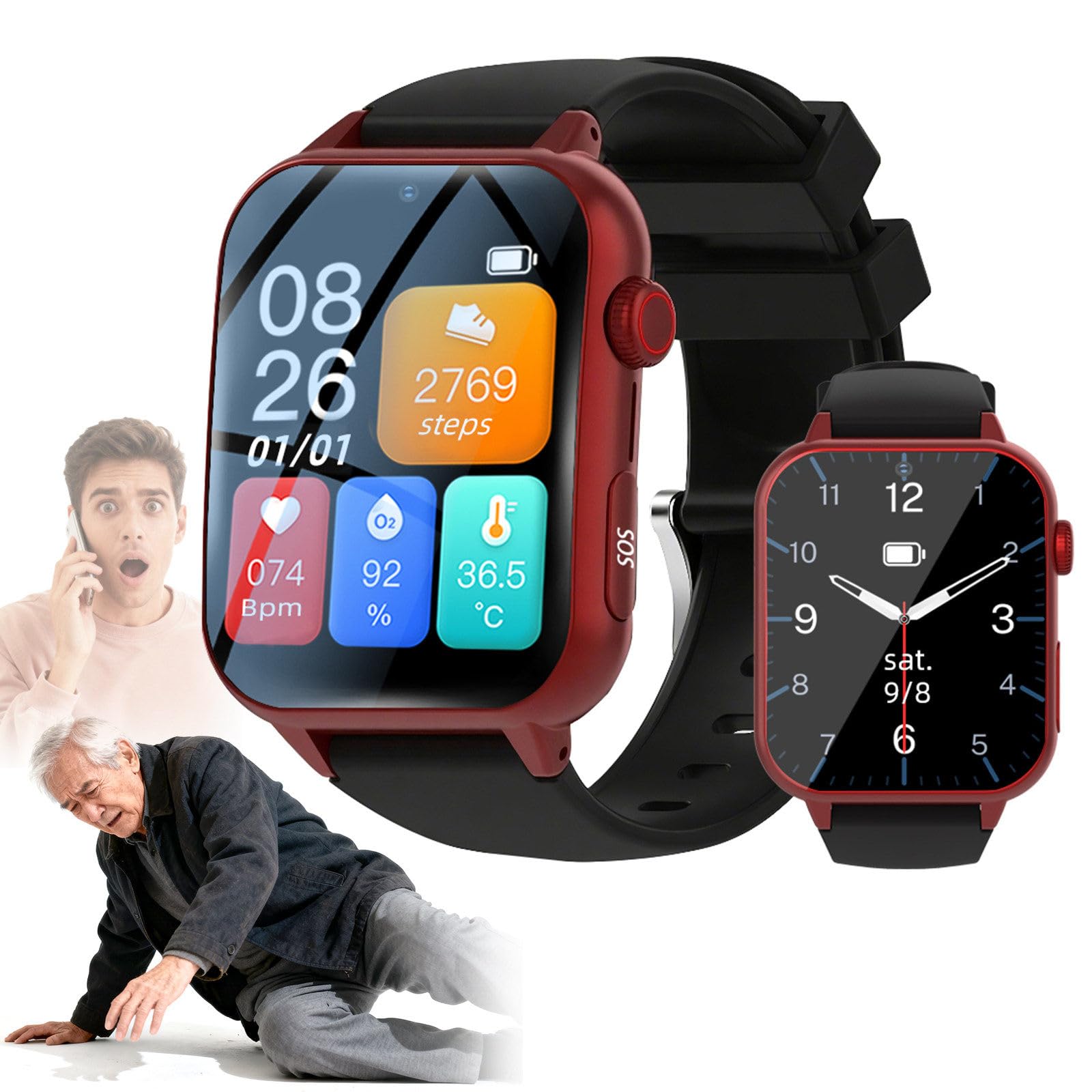 Reloj Inteligente para Personas Mayores con GPS, detección de caídas, localización, vibración y Sonido. Doble recordatorio. Ideal para Regalar a Personas Mayores Red