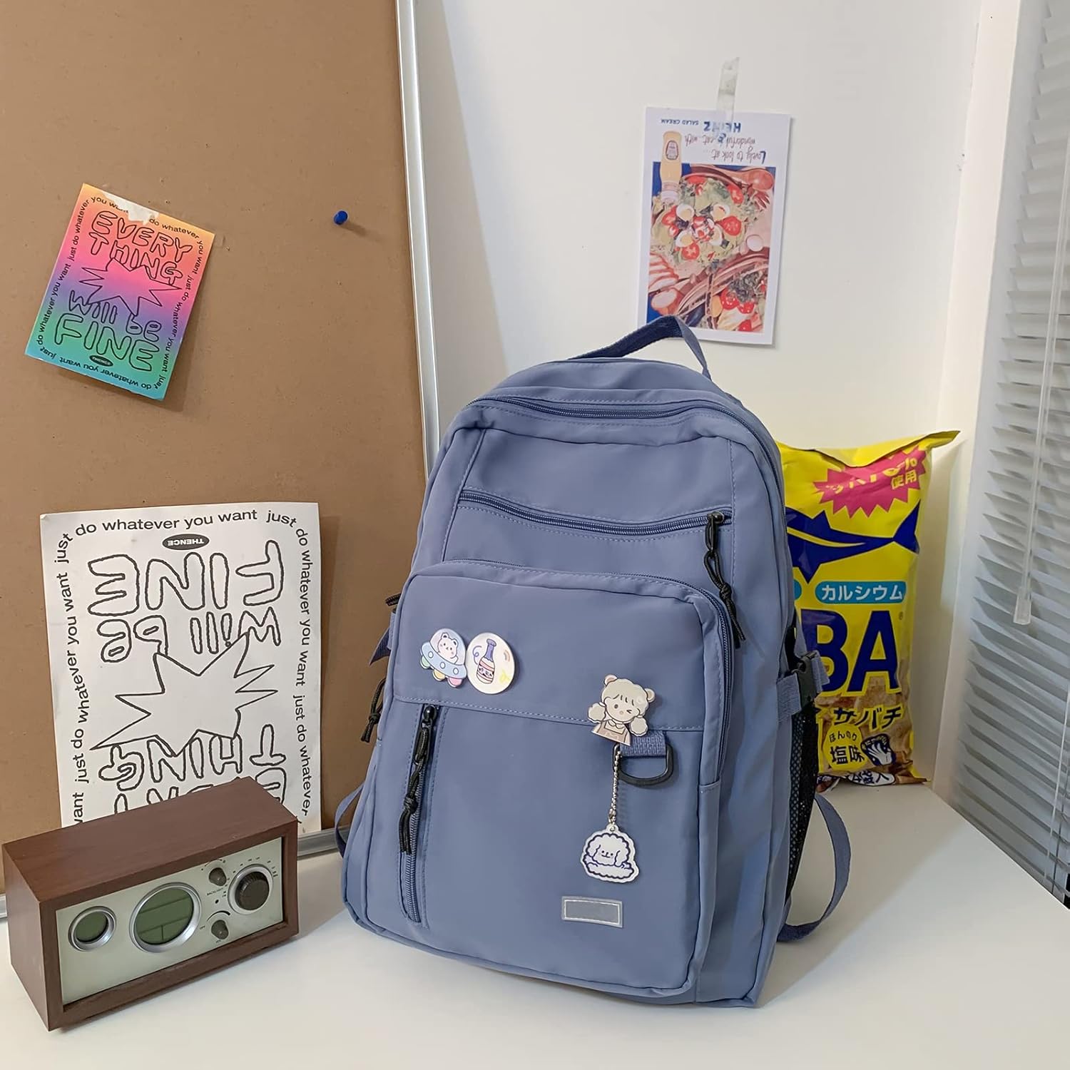 GAXOS Cute Aesthetic Backpack for School Middle Student Travel Blue Backpack Teens Girls Bear Pin Book Bags - Image 3