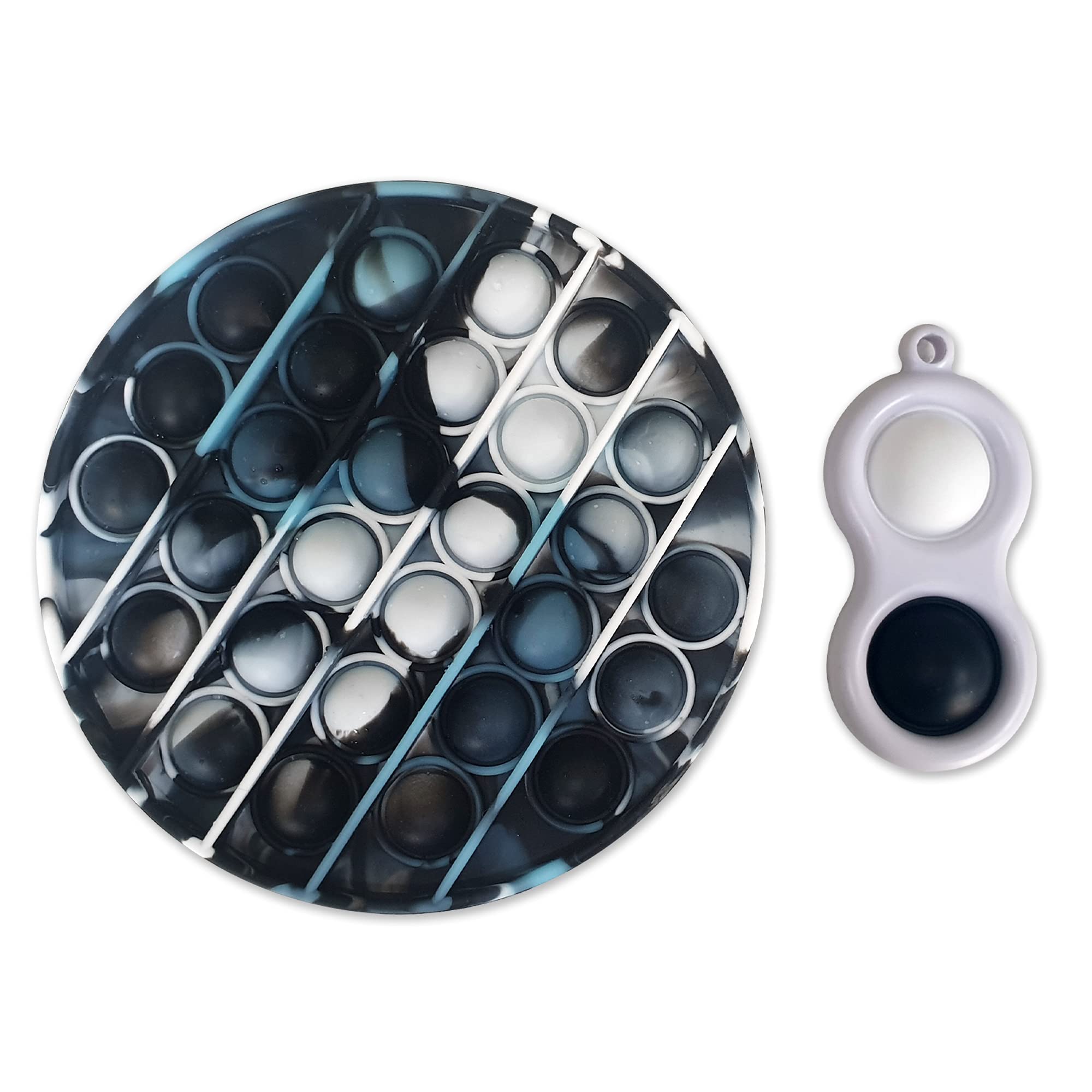 Milamoo 2 Pack Unique Colour Black and White Fidget Popper | Calming Stress Reliever | Handy Keyring black & white and Larger Round Popper |100% Vegan Material | Free Zip-Lock Case