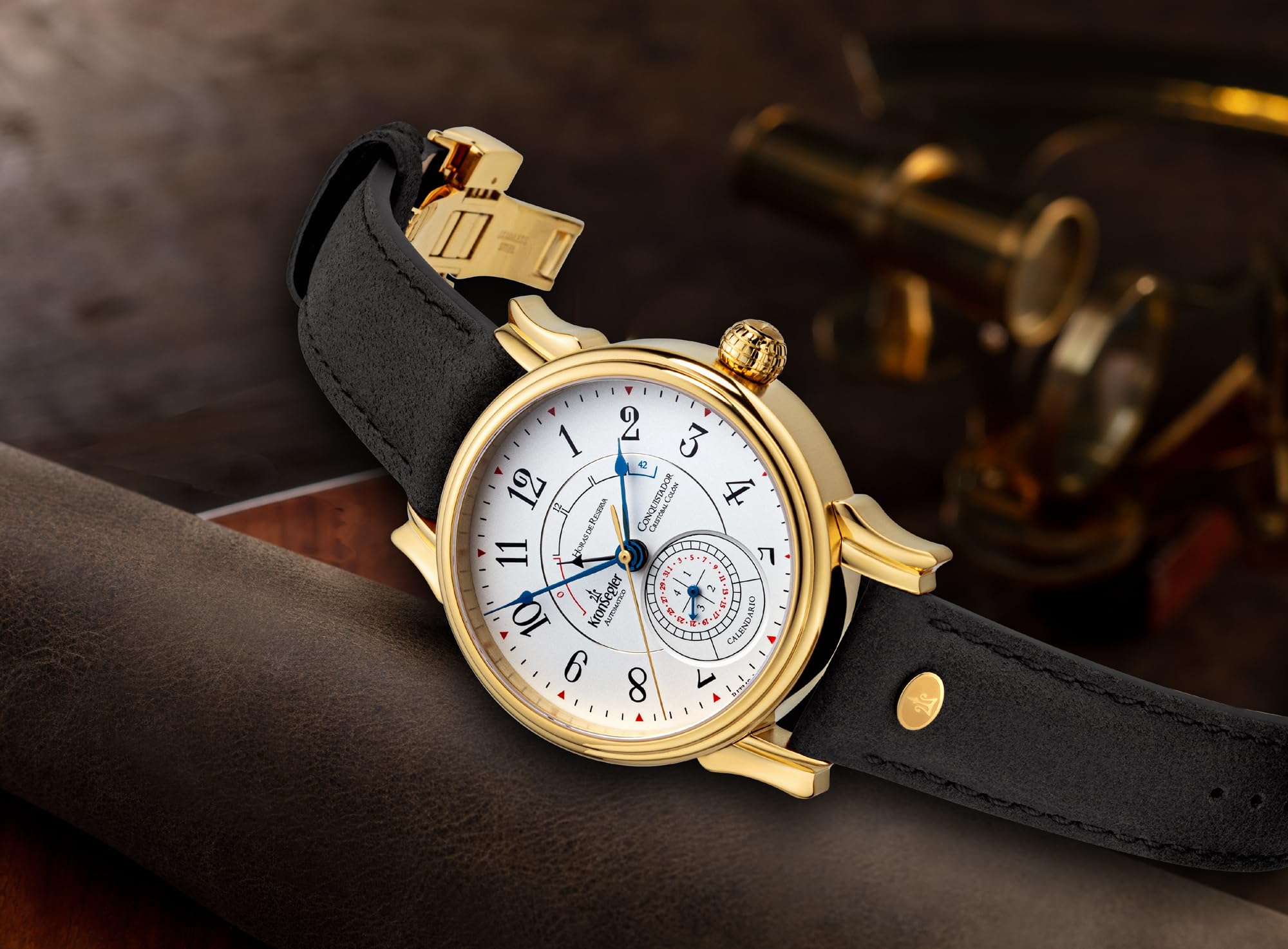 Kronsegler Conquistador Gold - weiß | Automatik Herrenuhr mit Gangreserveanzeige | Saphirglas, Zeigerdatum, Lederband, Faltschließe