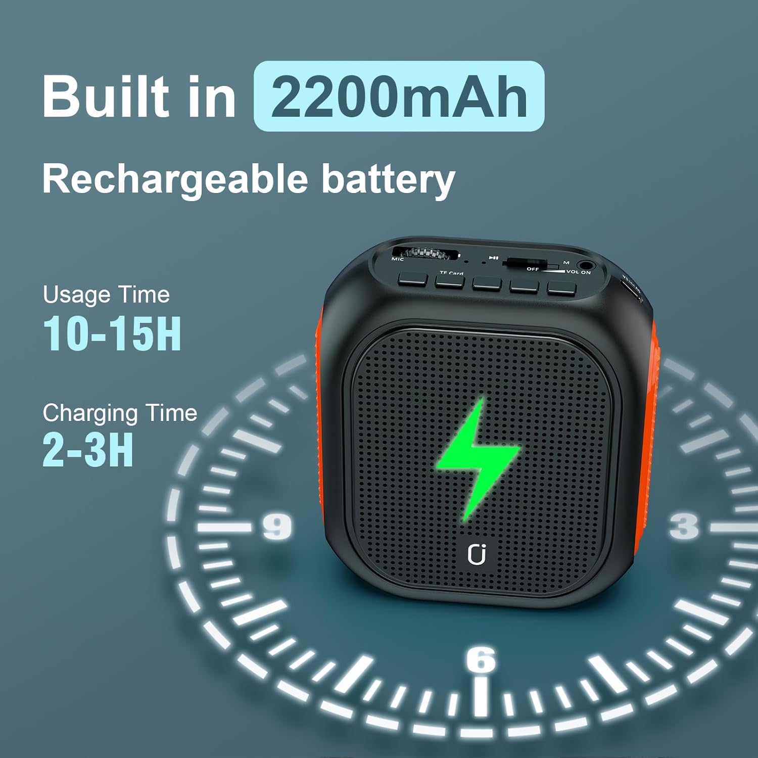 JYX Voice Amplifier showing 2200mAh battery capacity, usage time, and charging time