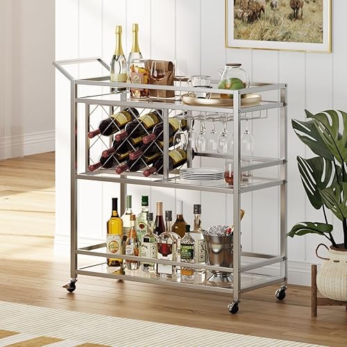 Miniatura 22 de FATORRI Carrito de bar dorado, carrito de servicio de bar con estante para vino y soporte para vasos, carritos de vino con ruedas con estantes de