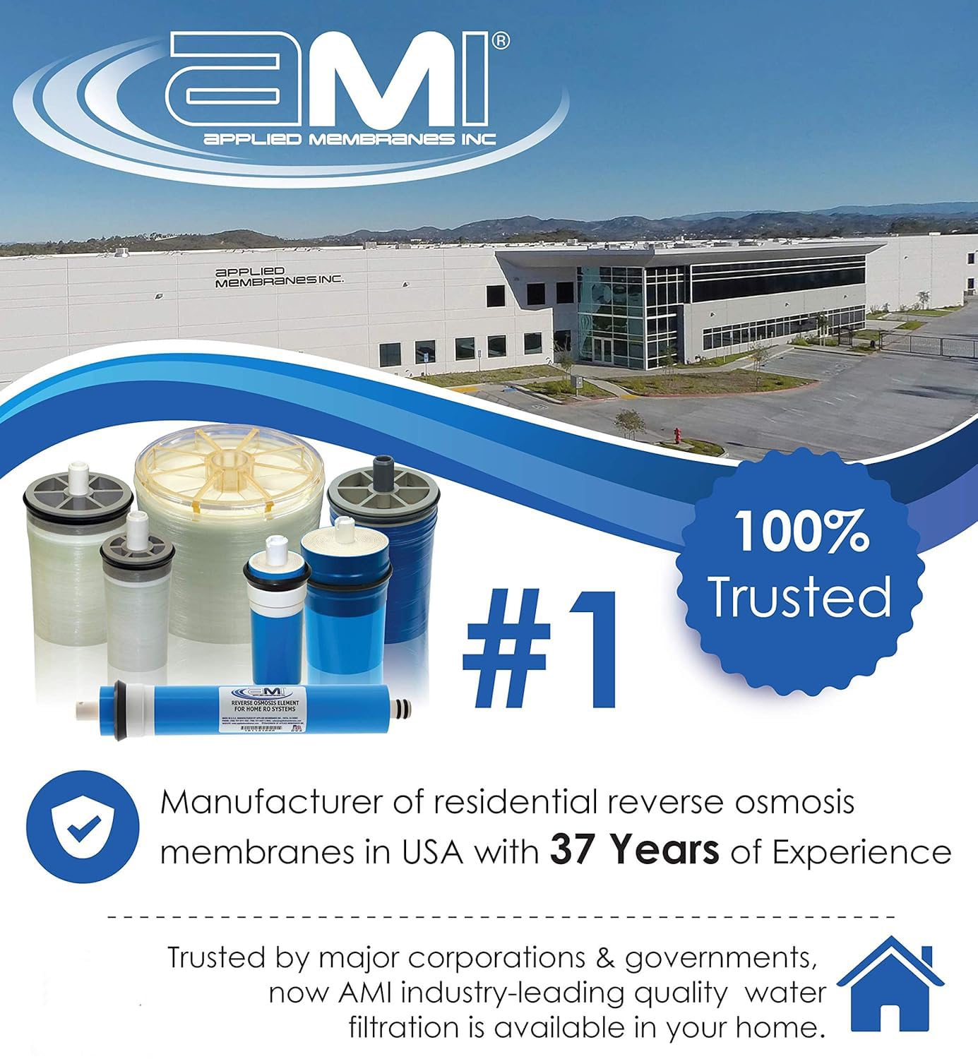 APPLIED MEMBRANES INC. Membrana de ósmosis inversa de 36 GPD | Filtro de agua de membrana RO de repuesto para sistema de filtración de agua por ósmosis inversa | Compatibilidad universal de 1.8 x 12