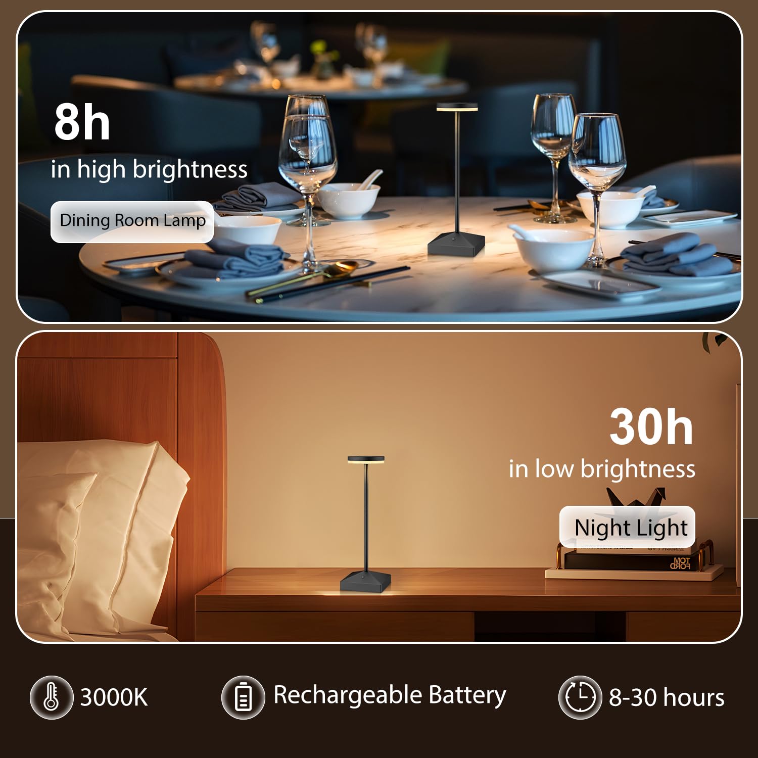 Confezione da 3 piccole lampade da tavolo ricaricabili senza fili, colore nero, dimmerabili | Senza fili, alimentato a batteria, luce notturna a LED portatile, per comodino, bagno, scrivania, esterno