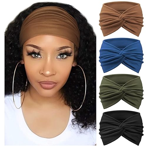 DRESHOW Paquete de 4 diademas tipo turbante para mujer, vendas anchas vintage anudadas, accesorios para la cabeza