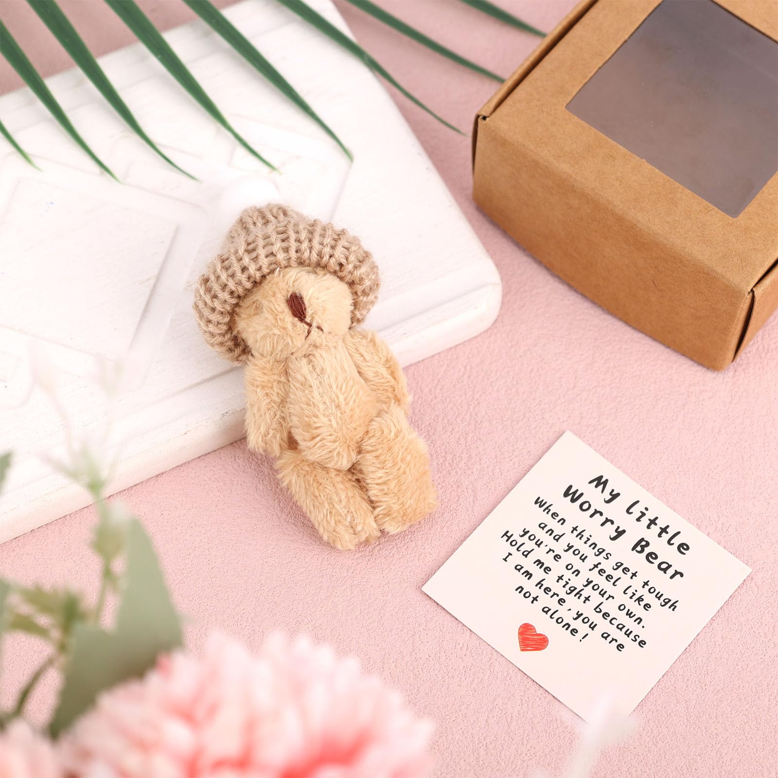 Mini Worry Bear in Box with Hat, Positive Mini Plush Bear with Encouragement Card Inspirational Stress Relief Toy for Family Friends Coworkers Gift