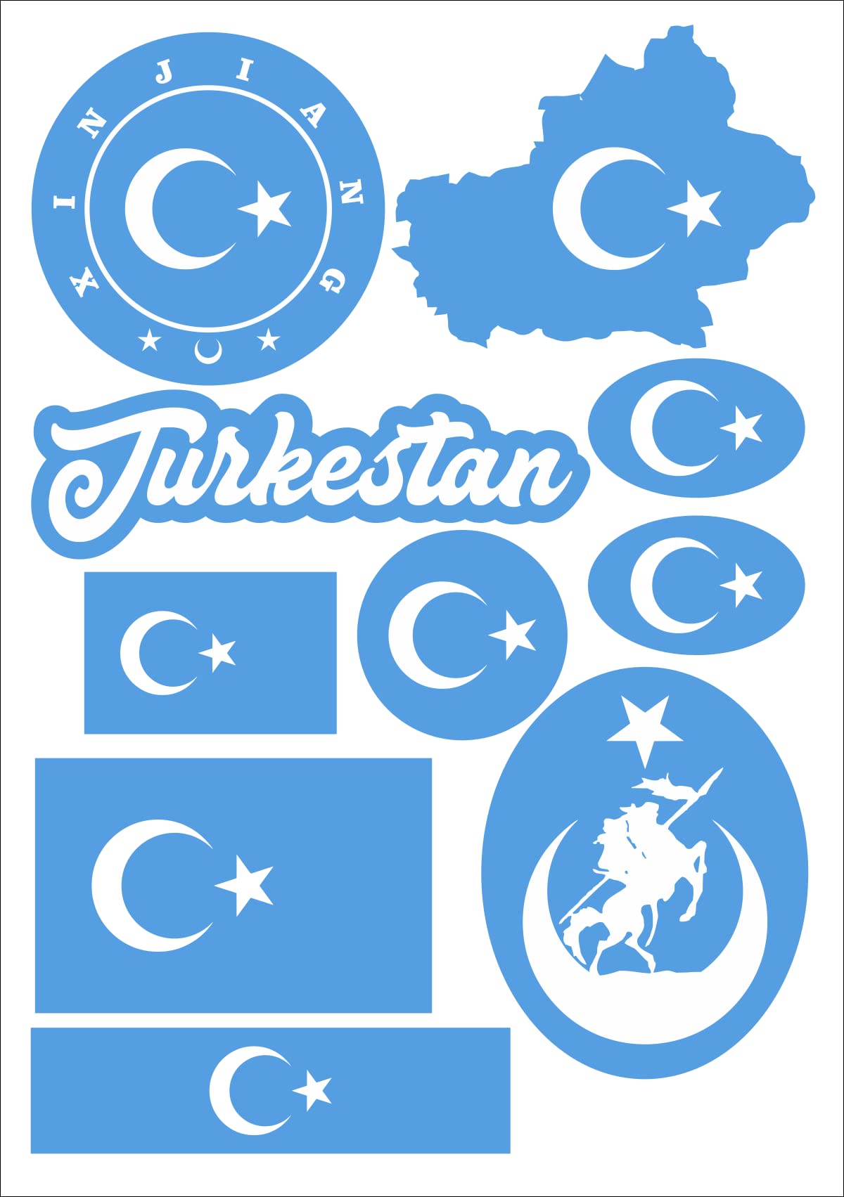 Daged Multi-Coloured East Turkistan Sticker Card Pack Of 10 - Car, Motorcycle, Biker Flag, Vinyl Ak