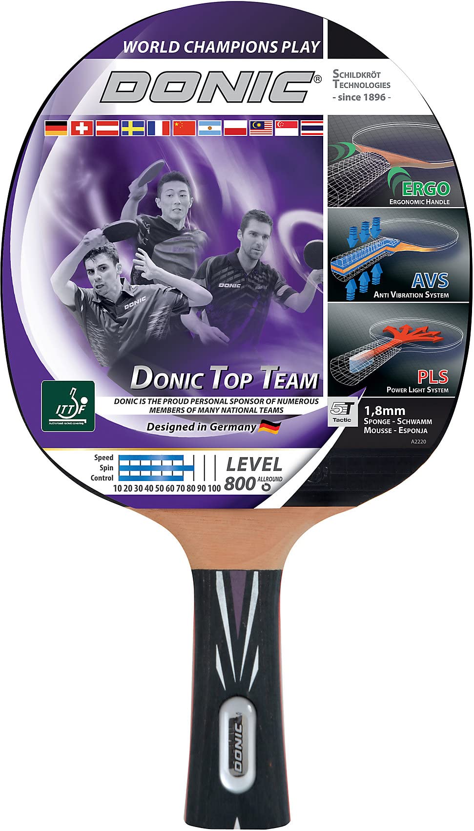 Donic-Schildkröt Tischtennisschläger Top Team 800, AVS & PLS-Griff, 1,8 mm Schwamm, Vari Slick - ITTF Belag, 754198