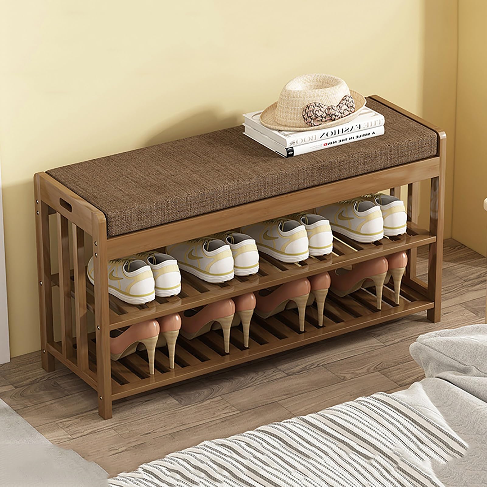 LWJSOCP Wardrobe Shoe RackBamboo Shoe Rack Bench with Cushion - Entryway Storage Seat for Shoes Living Room Bedroom Hallway - Stylish 35.4" x 10.6" x 17.3" Bench nizer
