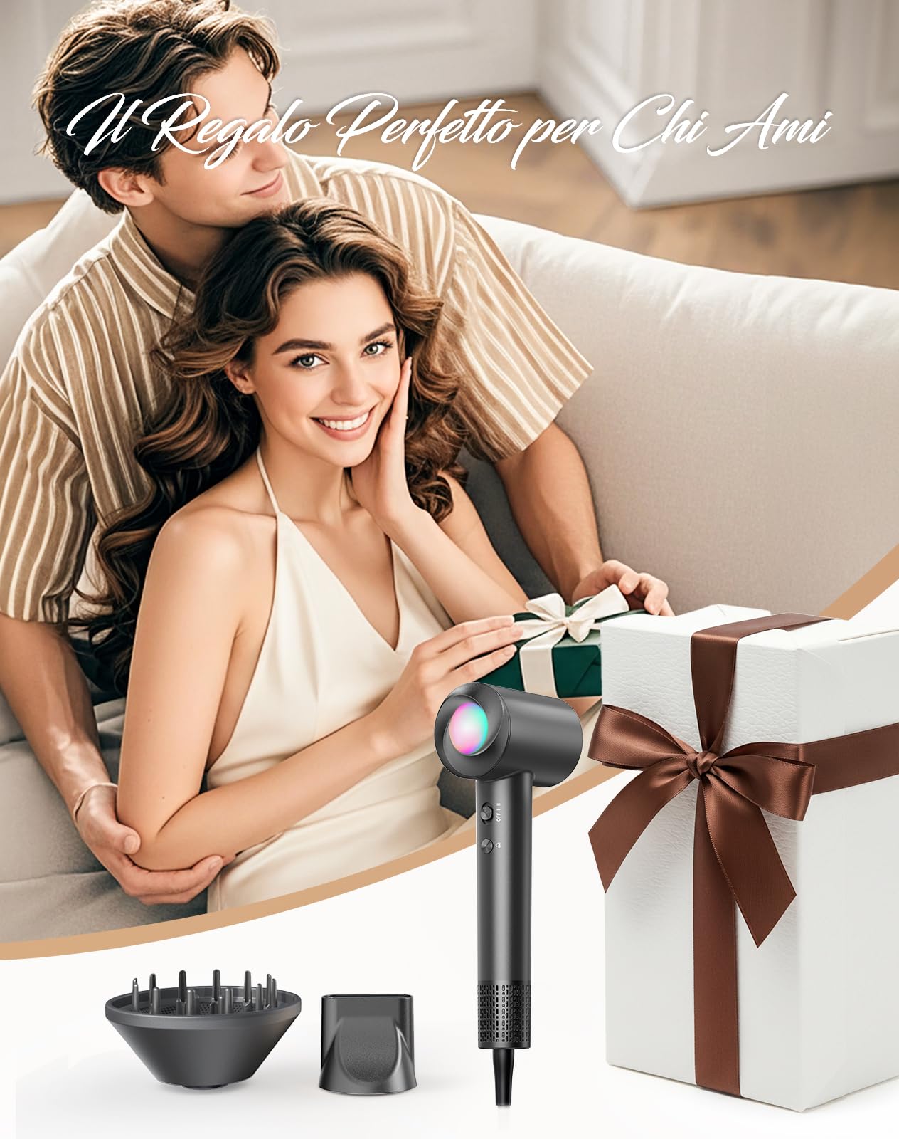 Haokoo Asciugacapelli Ionico Alta Velocità 150.000 RPM - Phon Capelli Professionale Leggero 365g, Asciugatura Rapida con Termo-controllo, 8 Temperature con Diffusore, Casa e Viaggio