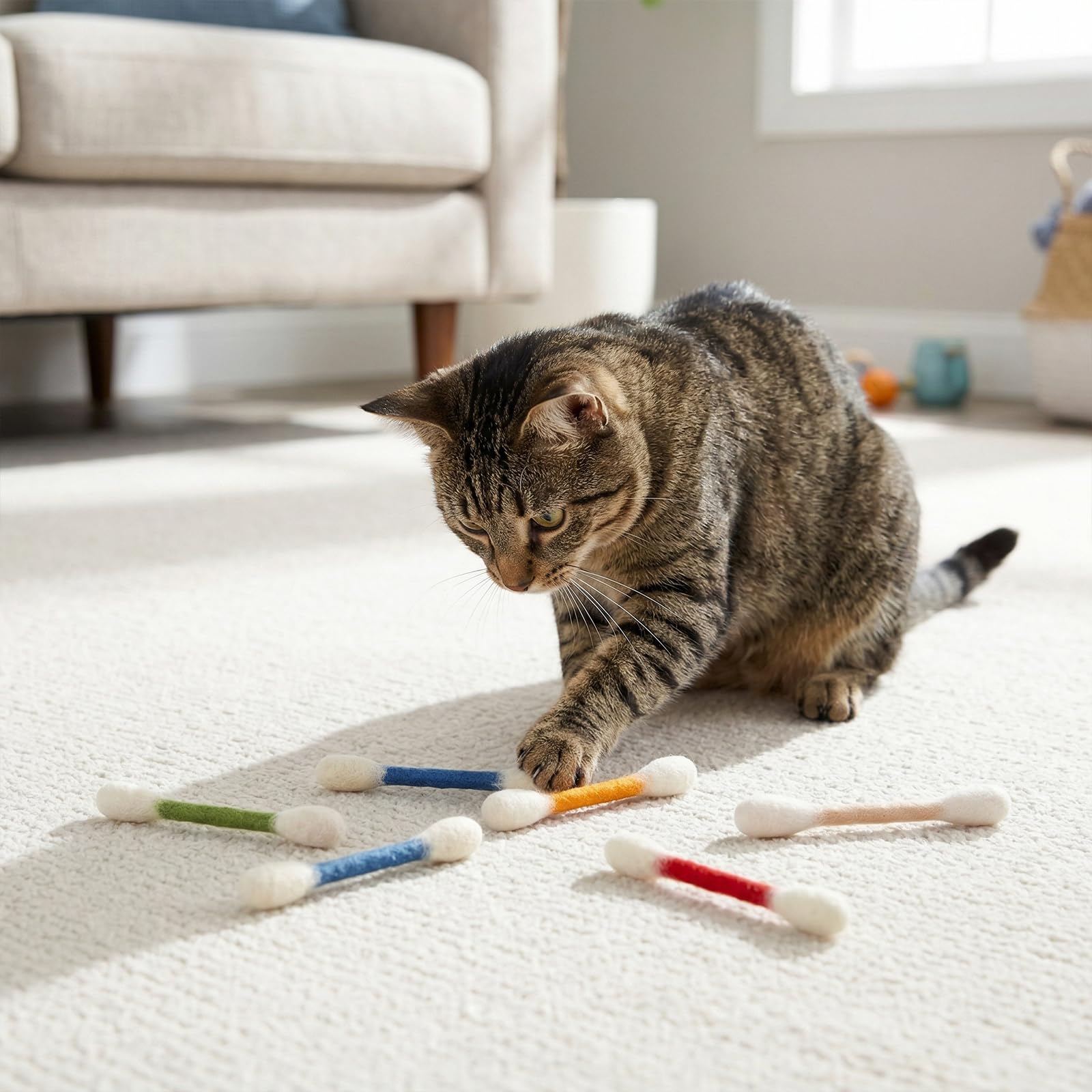 Cotton fioc Giocattoli per Gatti con Erba Gatta, Confezione da 6 Bastoncini Giganti per Masticare i Cuccioli, Giocattoli Interattivi in Feltro, Corda per Denti Resistente, Ideali per Gatti Interni