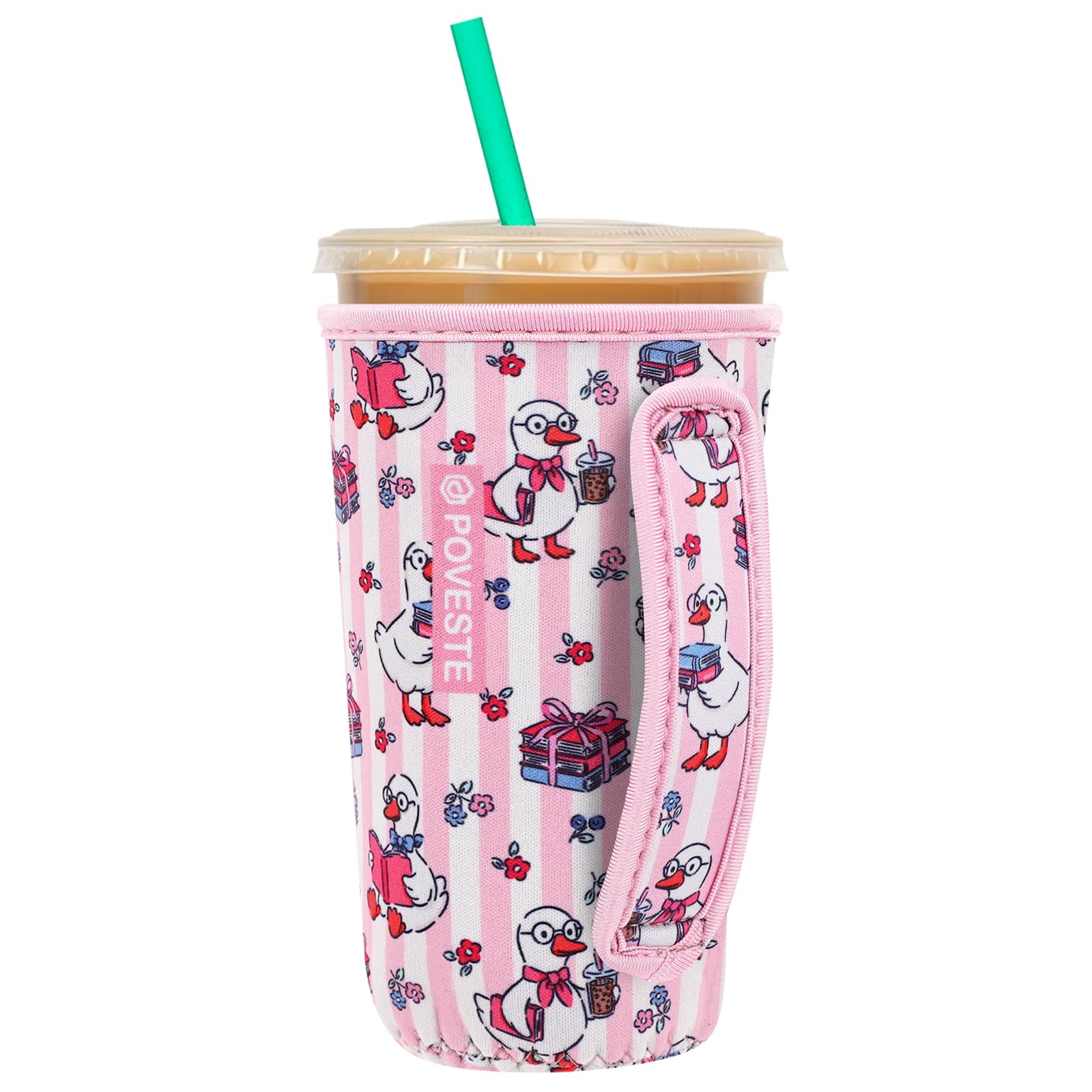 Reusable Neoprene Insulator Sleeve for Iced Coffee &amp; Cold Soda, Coffee Sleeves for Iced &amp; Hot Drinks, Cold Beverage Cooler Compatible with Starbucks, Dunkin (Reading Goose, Large: 32oz)