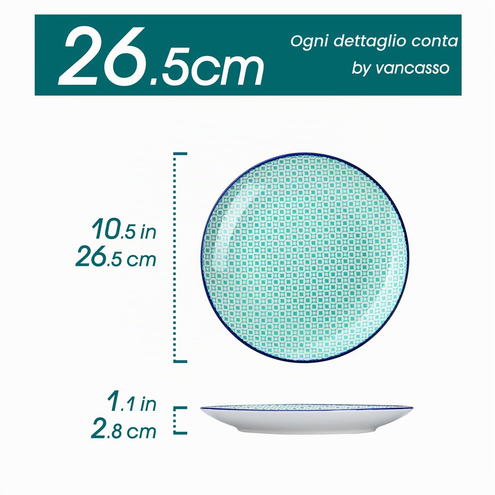 vancasso Serie MACARON Set di 4 Piatti Piani, 26.5cm Piatti Piani di Stile giapponese in Ceramica, Piatti da Tavola per Cucina, Piatti da Pasta Spaghetti, Forno a Microonde e Lavabile in Lavastoviglie