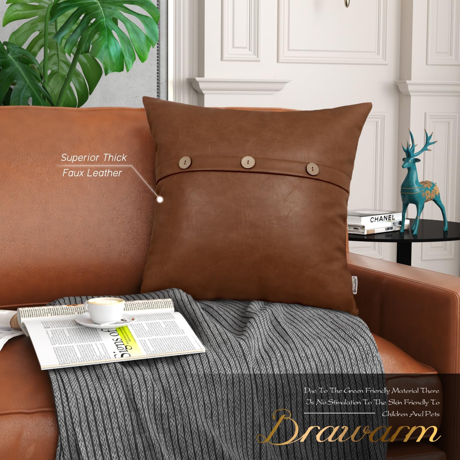 BRAWARM Leather Throw Pillow Covers 20 X 20 Inches, Brown Faux Leather Pillow Cover with Triple Button, Farmhouse Decorative Leather Pillows for Couch Sofa Bed Home Garden