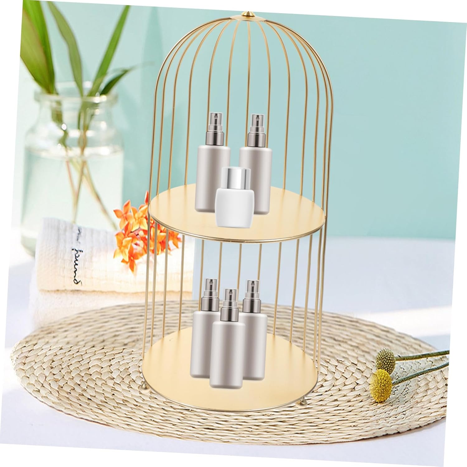 iplusmile Double Birdcage Cake Stand Multi Function Makeup Organizer and Dessert Display Rack for Weddings Parties and Desktop Cosmetic Storage