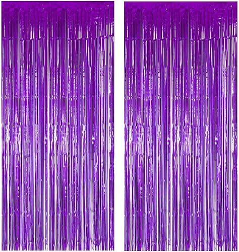 Decoraciones de desfile de Mardi Gras, cortinas de flecos de papel de aluminio morado, 2 piezas de 3.28 x 8.2 pies, serpentinas de oropel para