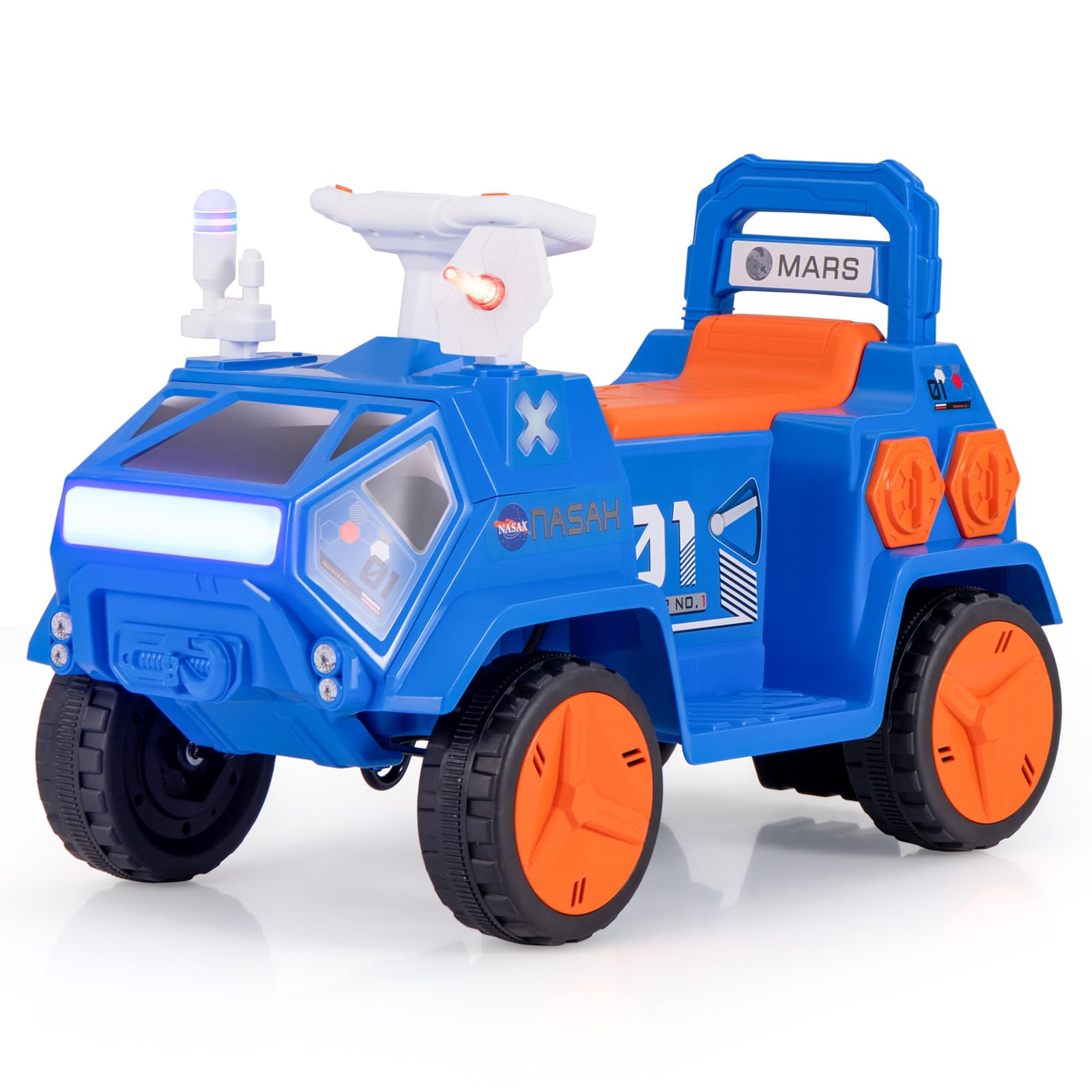COSTWAY 6V Ride on Car, Kids Electric Cars with Music, Sound Effects, LED Lights, USB & AUX Port, Wireless Connection, 4 Wheels Vehicle Toy for Boys Girls (Blue+Orange)