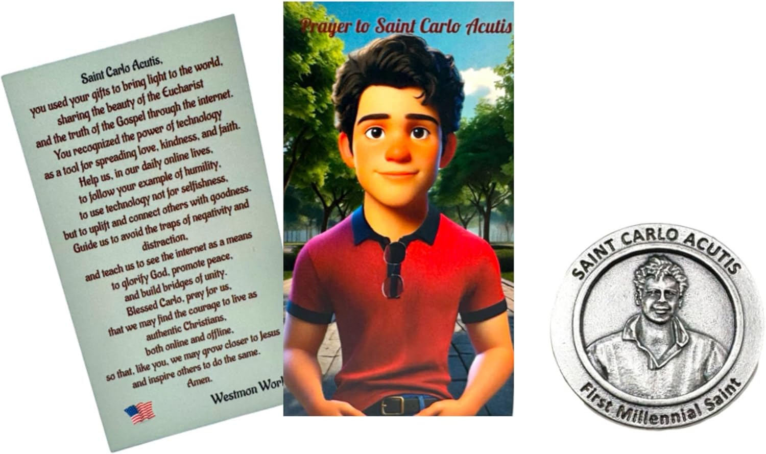 Westmon Works St Carlo Acutis Prayer Token Italian Metal Pocket Trinket with Holy Card - Image 2