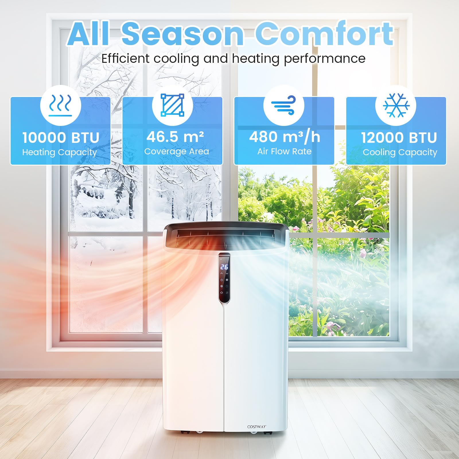 COSTWAY 12000 BTU Klimaanlage mobil mit Abluftschlauch & Fernbedienung/Wifi | Klimagerät mobil mit Kühlung, Heizung, Entfeuchtung, Ventilator & Schlafmodus, Air Conditioner leise, Kühlgerät 3,5kW