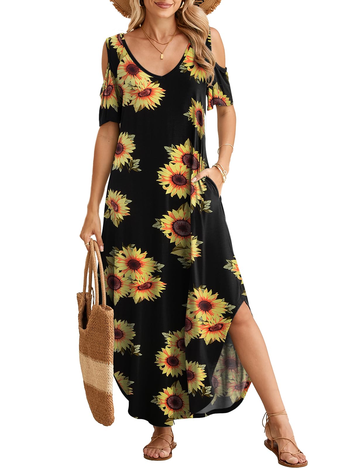 BELAROI Plus Size Maxi Dress for Curvy Women Summer Casual Cold Shoulder V Neck Pockets Beach Coverup Vacation Loose Sundress