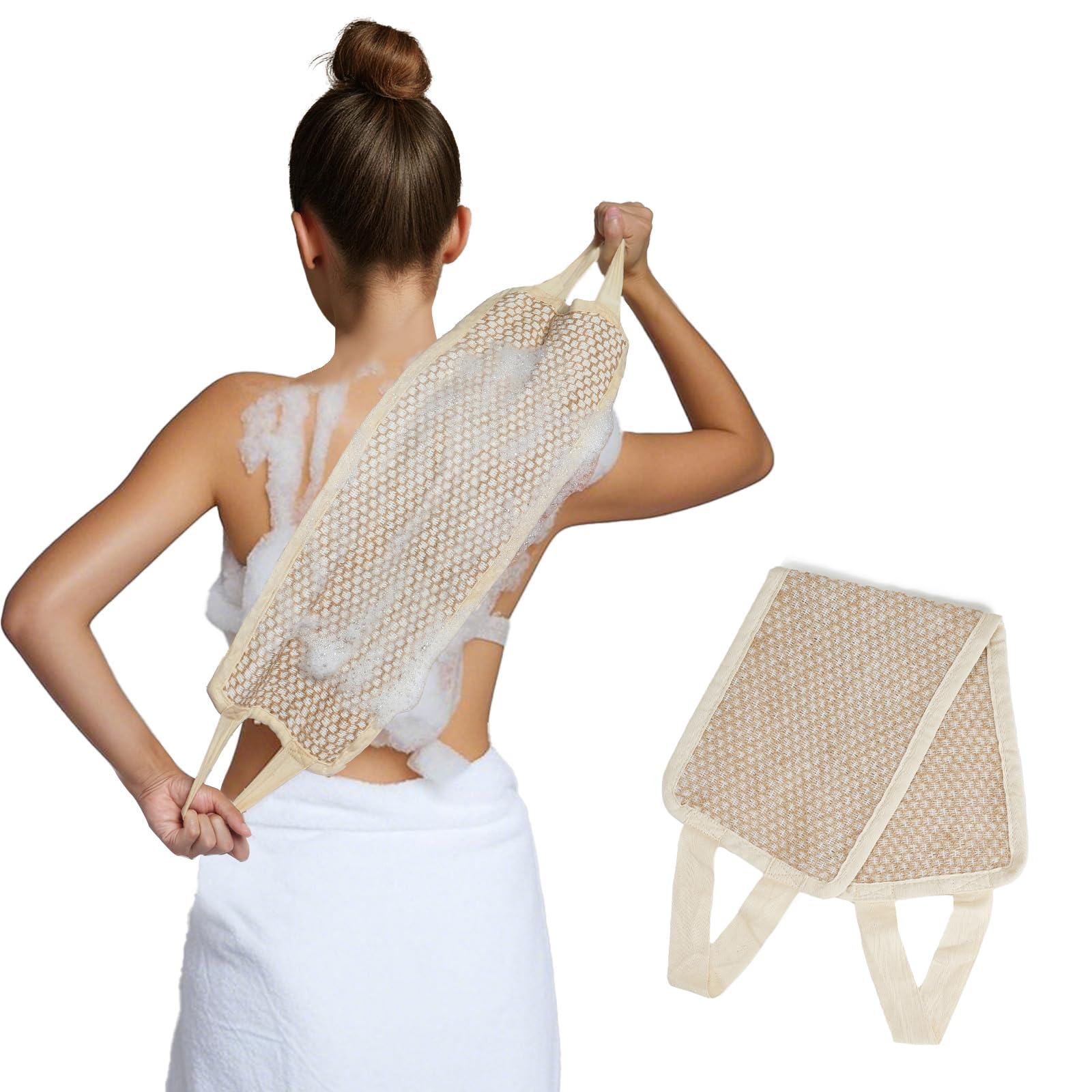 Back Scrubber for Shower with Handles | Natural Jute Body Exfoliator, Long Rectangular Bath Loofah for Deep Cleansing, Reusable Loofah for Women and