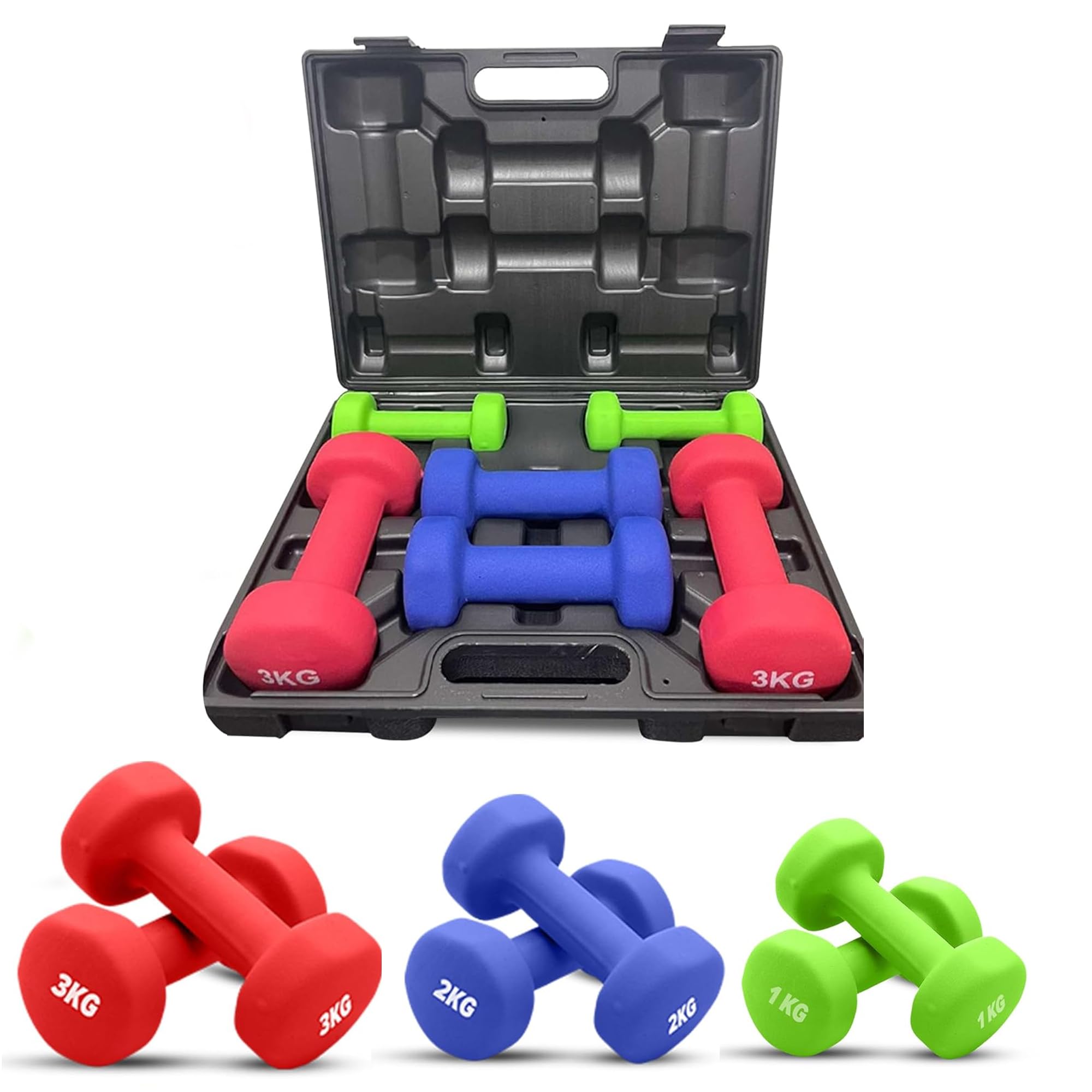 AI SPORTS Neoprene Dumbbells Set โ Anti-Roll Hand Weights with Non-Slip Grip โ Multi-Colour Dumbbell Pairs with Carry Case for Home Gym (12KG Set: Pairs of 1KG, 2KG & 3KG)