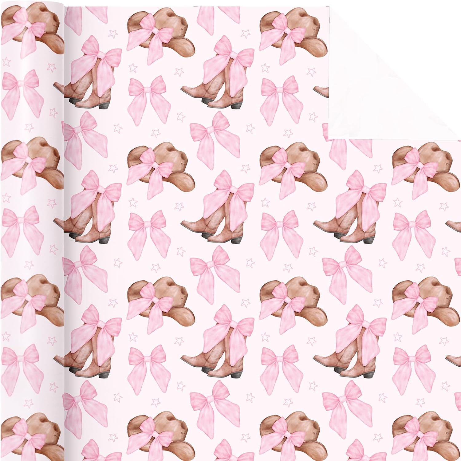 WRAPAHOLIC Western Cowgirl Wrapping Paper Roll - Mini Roll - 17 Inch x 16.5 Feet - Cowgirl Hat and Boots with Pink Bow Design Perfect for Women Girls Birthday, Nashville Party