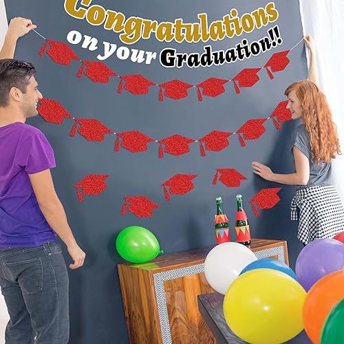 Miniatura 6 de Whaline 50 tapas de graduación recortadas con purpurina roja de corte de papel de graduación con 100 puntos de pegamento, tapa de graduación con