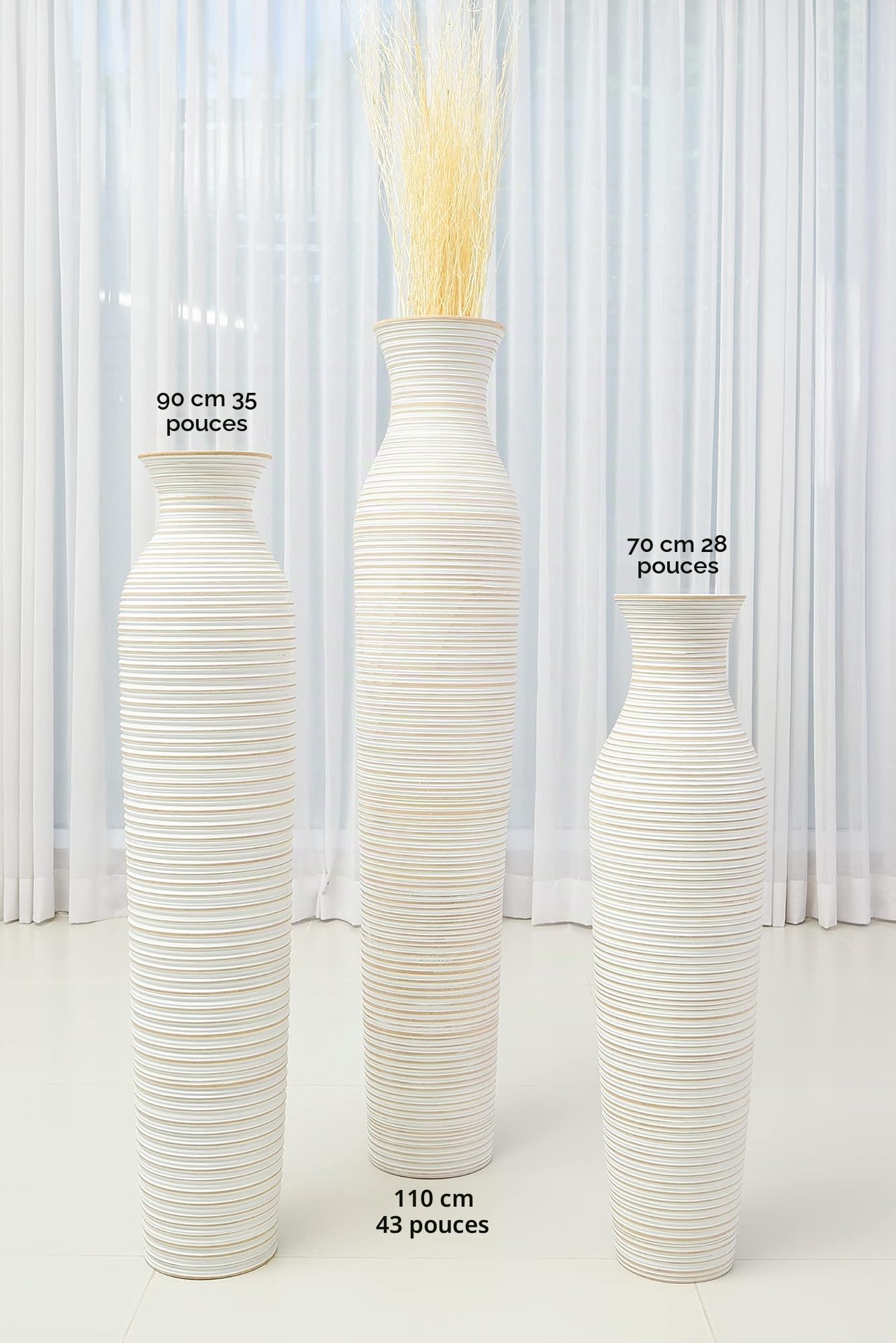 Leewadee Grand Vase de Sol 85 cm Bois de Manguier Pampa & Fleurs Séchées