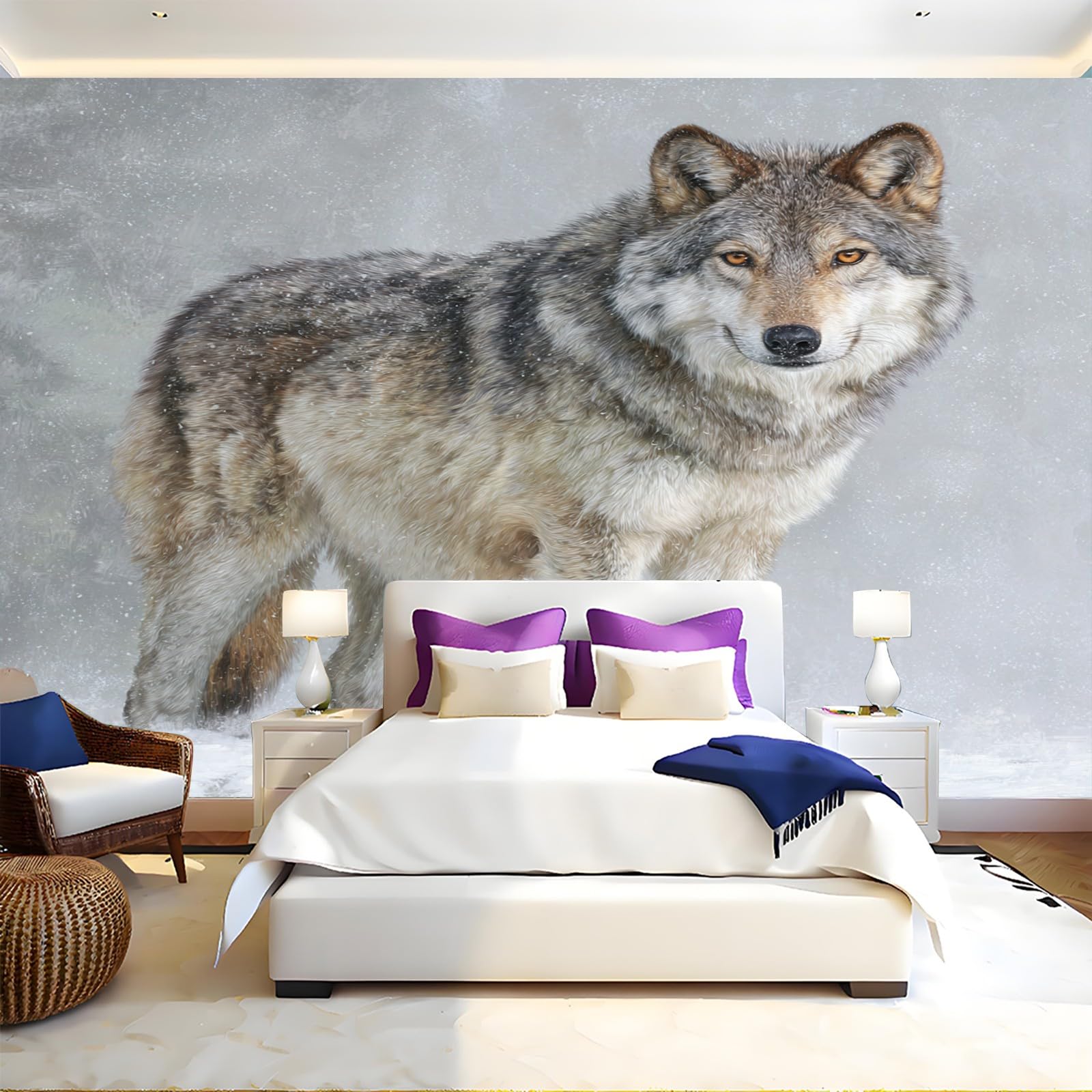 Papier peint intissé loup panoramique 400x280 cm pour trompe l'oeil salon