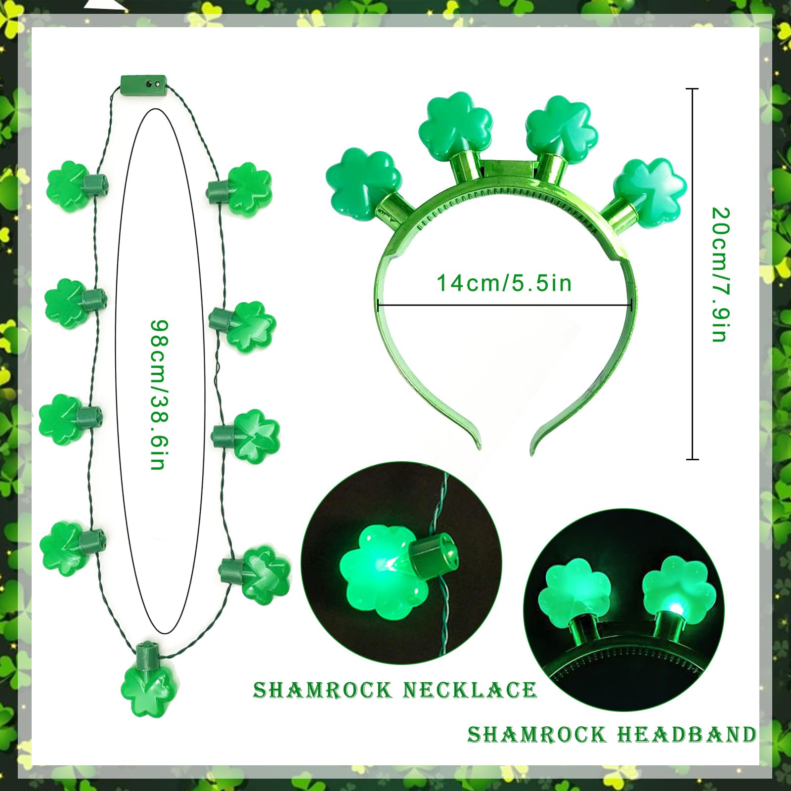 Hifot 2 Accessoires LED St Patrick – Serre-tête Trèfle Et Collier Lumineux Vert, Pour Adulte Et Enfant, Idéal Pour Carnaval Et Mascarade