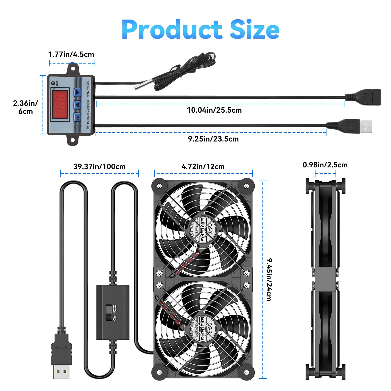ELUTENG Wentylator USB 2 w 1, 120 mm, 5 V, podwójny wentylator USB z 3 prędkościami, wentylator PC 12 cm z 8 nóżkami tłumiącymi i cyfrowym regulatorem temperatury do PS5, PS4, laptopa, TV Box, routera