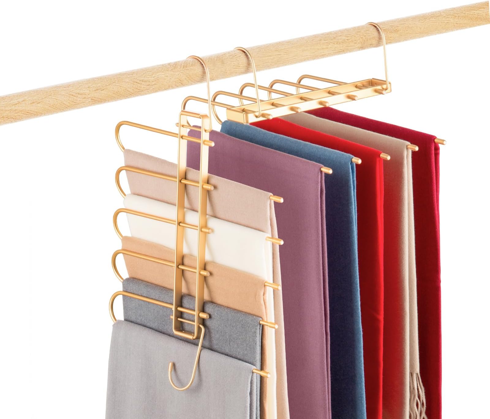 Pants Hangers Space Saving,Closet Hangers 5 Layers 2 Uses Multi Functional Pants Rack,Metal Heavy Duty Wardrobe Organizer Racks for Clothes Trousers Scarves Ties (Gold)
