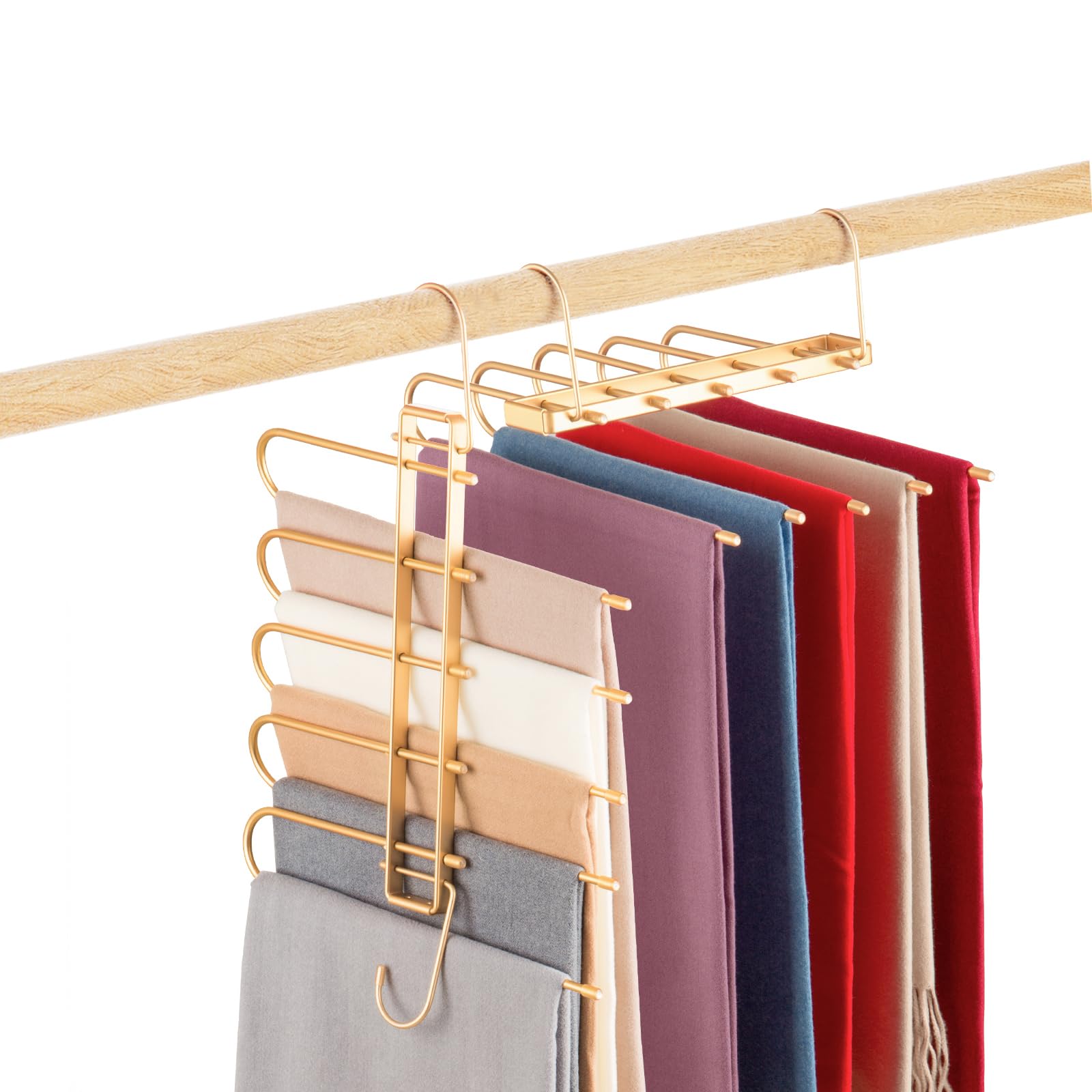 Pants Hangers Space Saving,Closet Hangers 5 Layers 2 Uses Multi Functional Pants Rack,Metal Heavy Duty Wardrobe Organizer Racks for Clothes Trousers Scarves Ties (Gold)