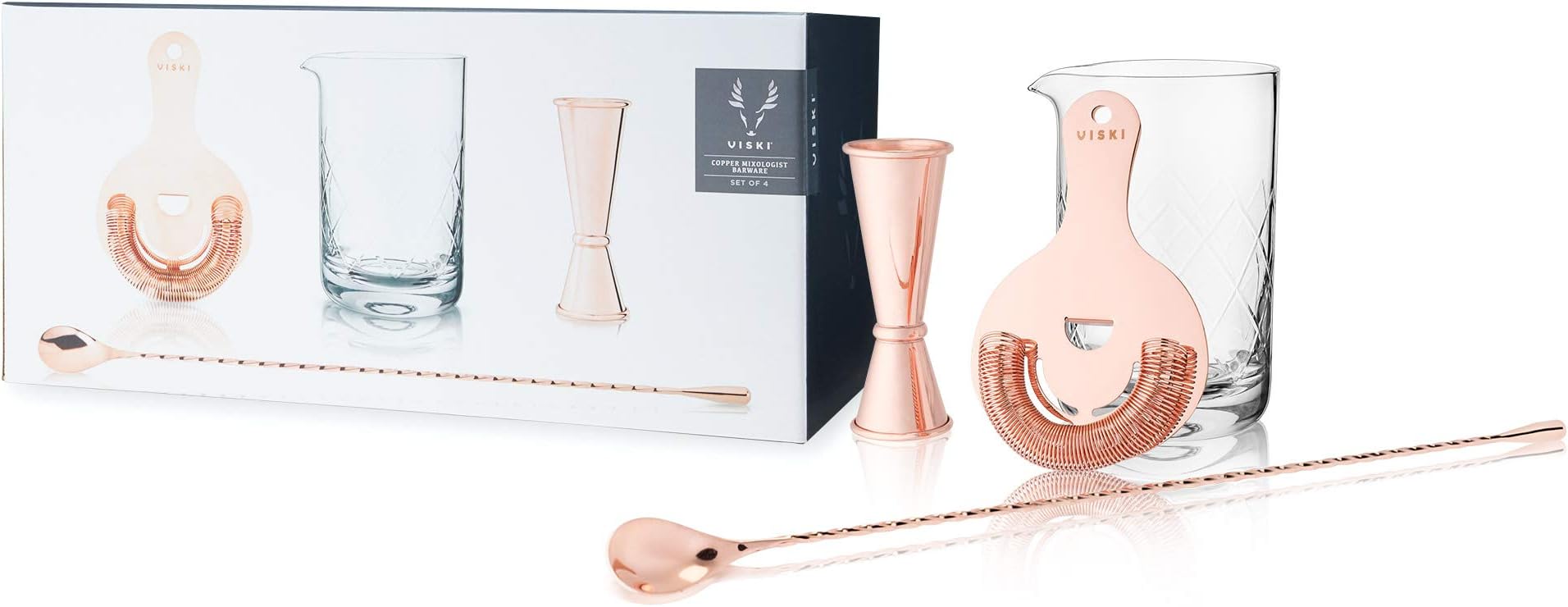 Viski Copper Bartender Kit 4pcs Set | Drink Mixers for Cocktails Gift Essentials: Mixing Glass, Hawthorne Strainer, Japanese-Style Double Jigger and Weighted Barspoon