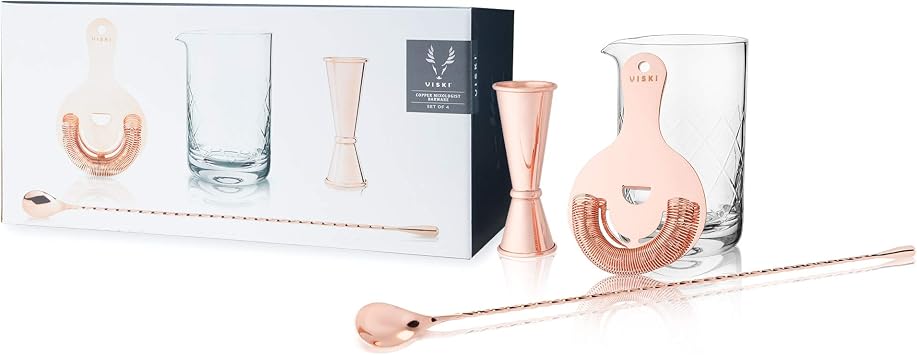 طقم نادل من Viski Copper Kit 4pcs | خلاطات المشروبات للكوكتيلات أساسيات الهدايا خلط الزجاج ، Hawthorne Strainer ، زنجي مزدوج على الطراز الياباني وبارسبون مرجح
