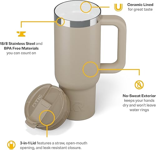 Miniatura 4 de RTIC Vaso de viaje por carretera de 30 onzas de doble pared con aislamiento de acero inoxidable con tapa, asa y pajilla, bebida caliente y fría,