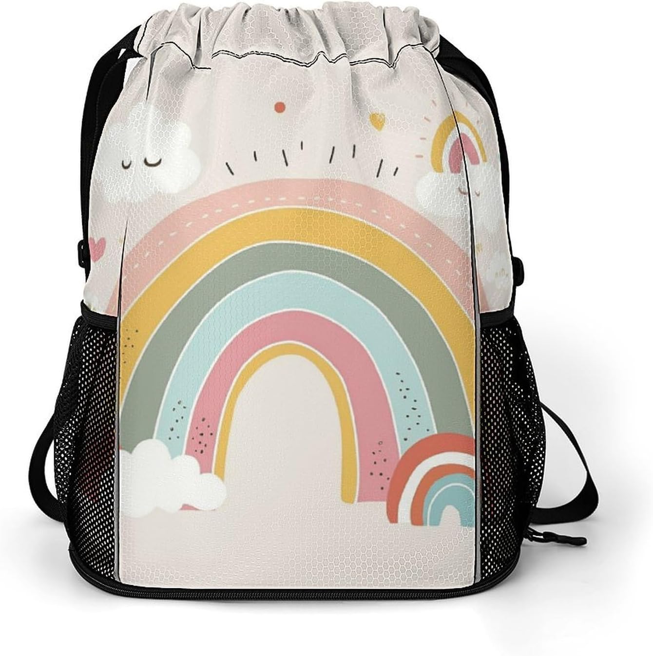 Rainbow And Cloud Drawstring Backpack with Wet Pocket - Large Capacity Gym Bag with Shoe Compartment & Mesh Pockets, Adjustable Lightweight Gym Backpack for Swimming, Travel, Workout
