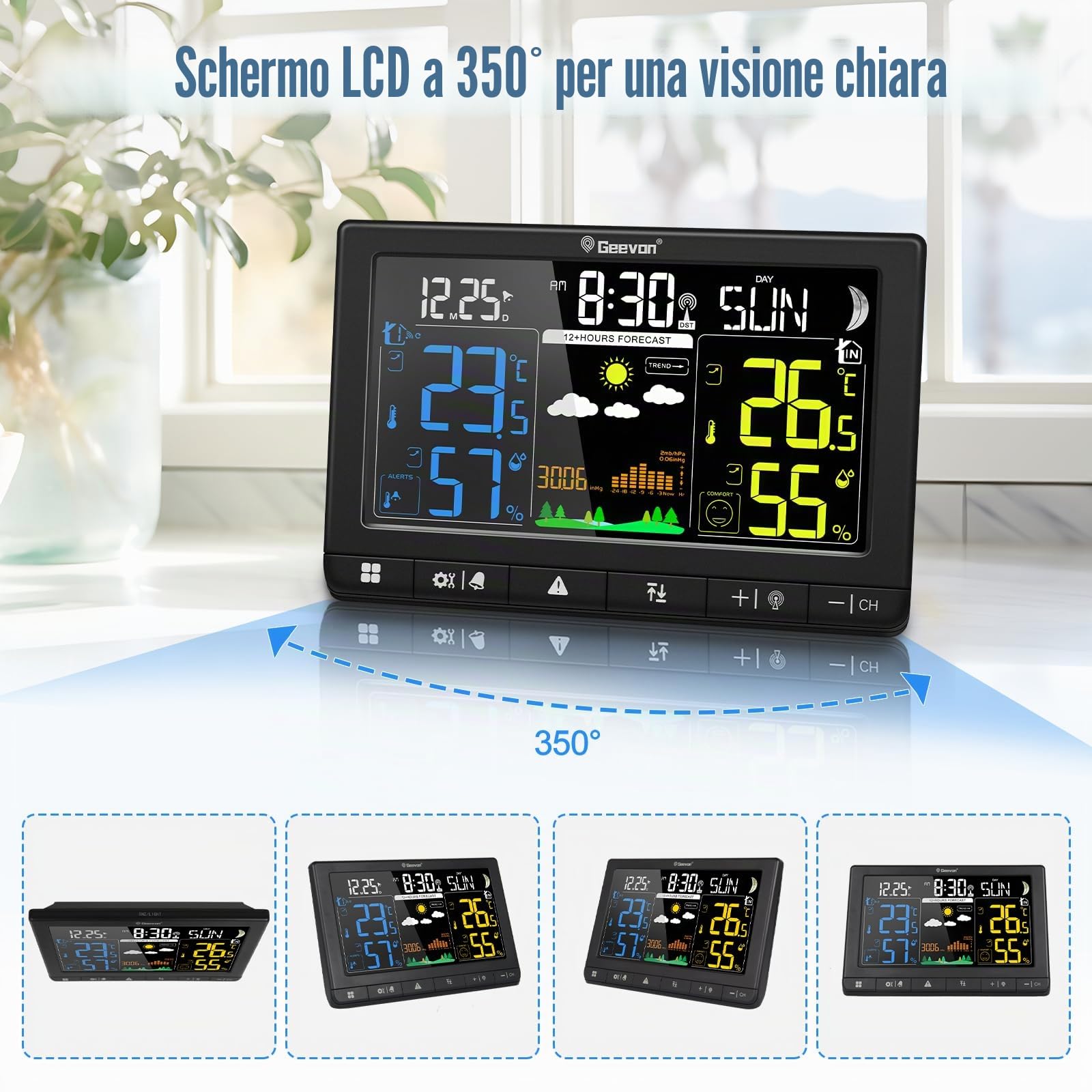 Geevon Stazione meteo radio con sensore esterno, orologio radio DCF, ampio angolo di lettura LCD a 350°, per interni ed esterni, umidità, barometrico, fase lunare, previsioni meteo (246304 con