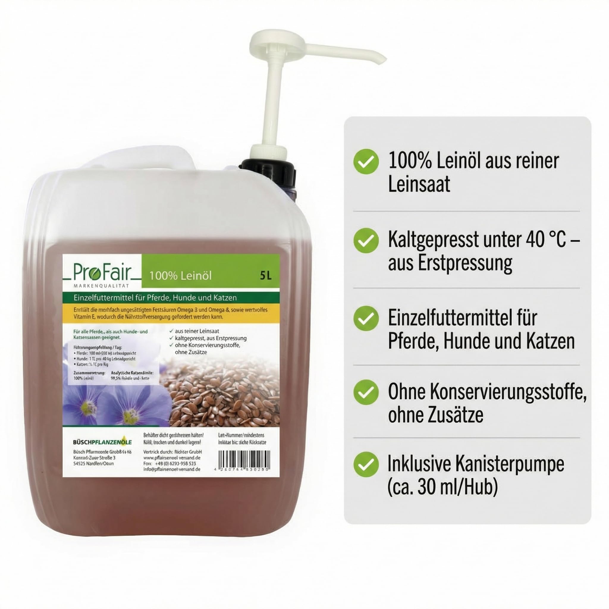 ProFair Leinöl für Pferde, Hunde & Katzen, kaltgepresst unter 40 °C, Erstpressung, 100% reine Leinsaat, Einzelfuttermittel, 5 L Vorratskanister inkl. Kanisterpumpe (ca. 30 ml/Hub)