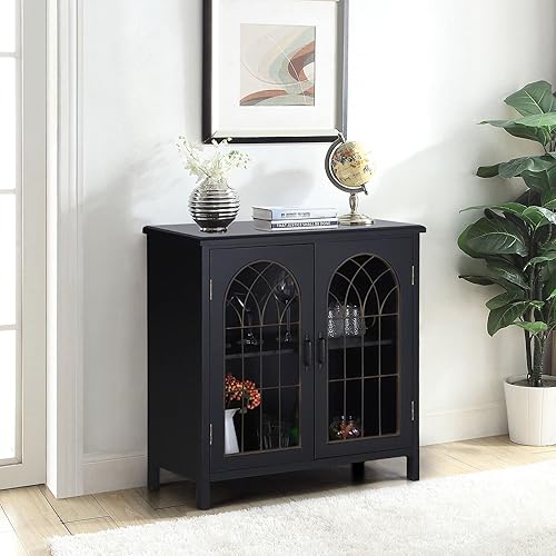 Miniatura 8 de Sophia & William Aparador de buffet armario de almacenamiento con puerta de ventana de iglesia de metal para cocina, comedor, entrada, gris oscuro