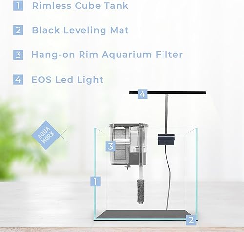 Miniatura 2 de Kit de iniciación para acuario de cubo, kit de acuario pequeño, tanque de peces de 2 galones, alfombrilla de nivelación negra, luz LED EOS, filtro