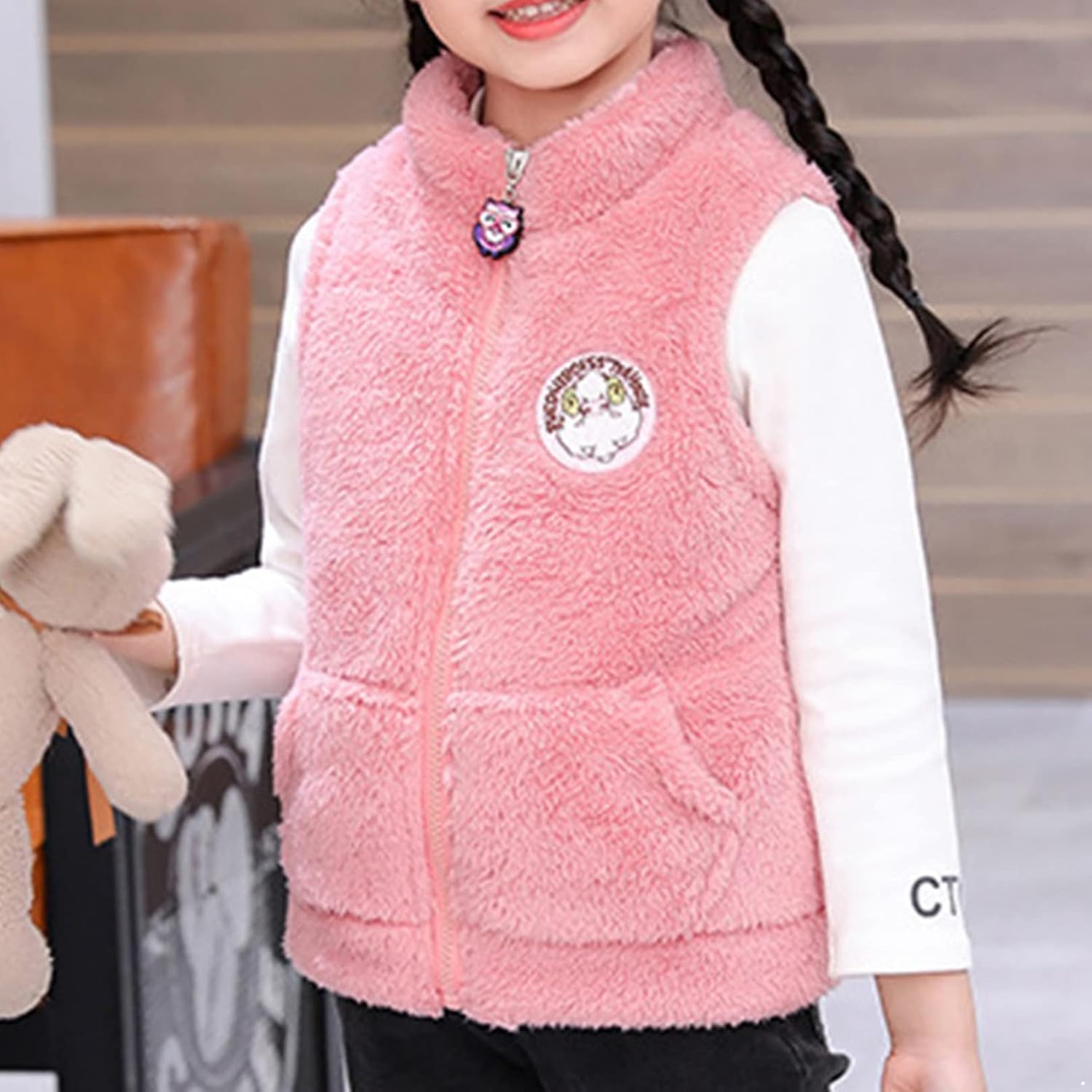 Agoky Little Kids Girls Fleece Winter Warm Vest Sleeveless Faux Fur Zipper Sweater Waistcoat Outerwear