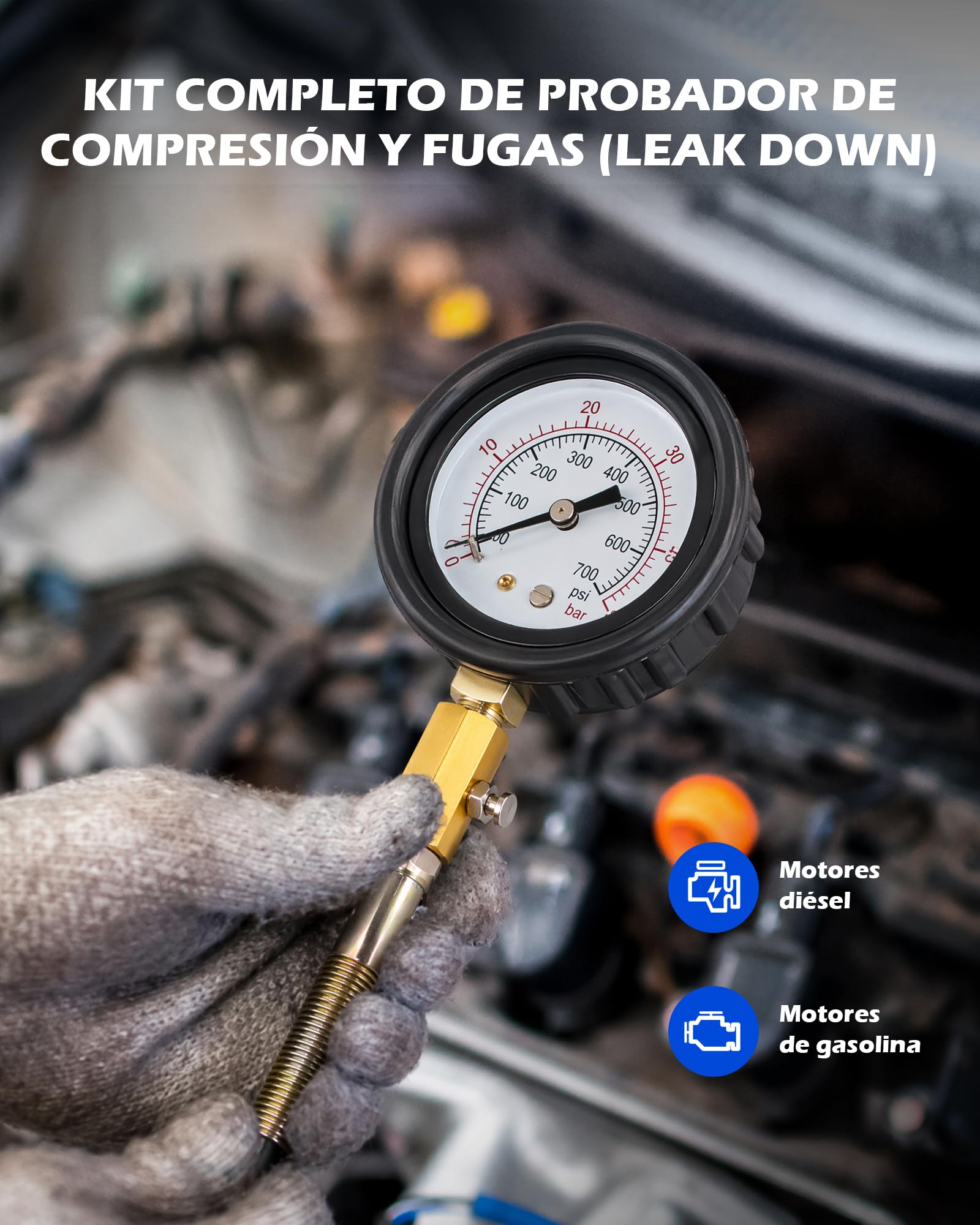 Orion Motor Tech Juego de Comprobador de Compresión y Pérdida de Presión 51 Piezas – Kit Compresímetro 0–50 Bar para Motores Gasolina y Diésel, Turismos y Camiones, Adaptadores M8–M24