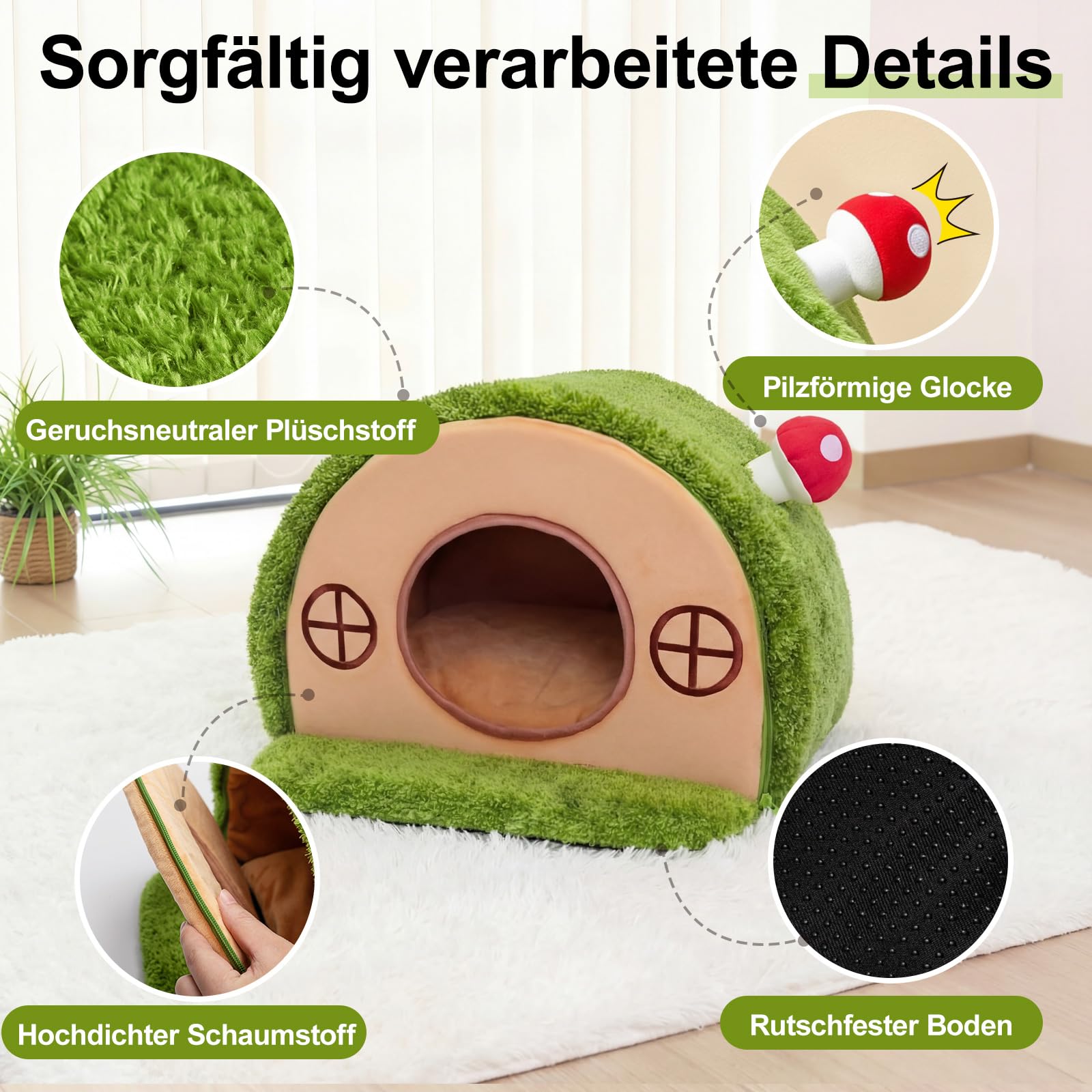 Baumhöhle Katzenbett, Katzenhöhle Indoor mit Pilzglocke | Katzenhaus mit Geborgenheit, waschbares Samtkissen, rutschfester Boden, stabil & schnell aufgebaut, für Katzen bis 6 kg