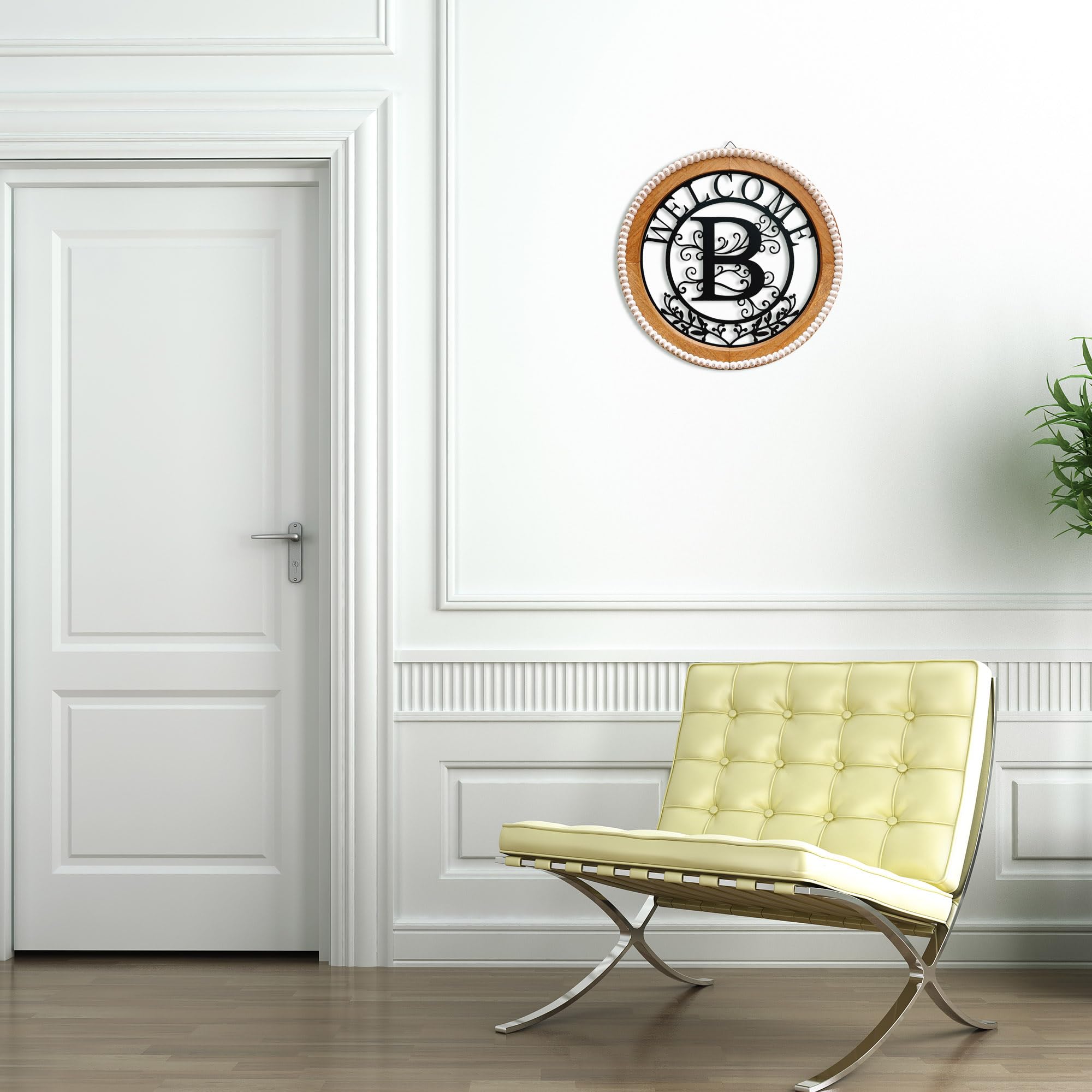 Rundes Willkommensschild mit Monogramm Buchstabe H, dekorative Wandkunst, beige und schwarzer Metallrahmen (B-WoodenFrame)
