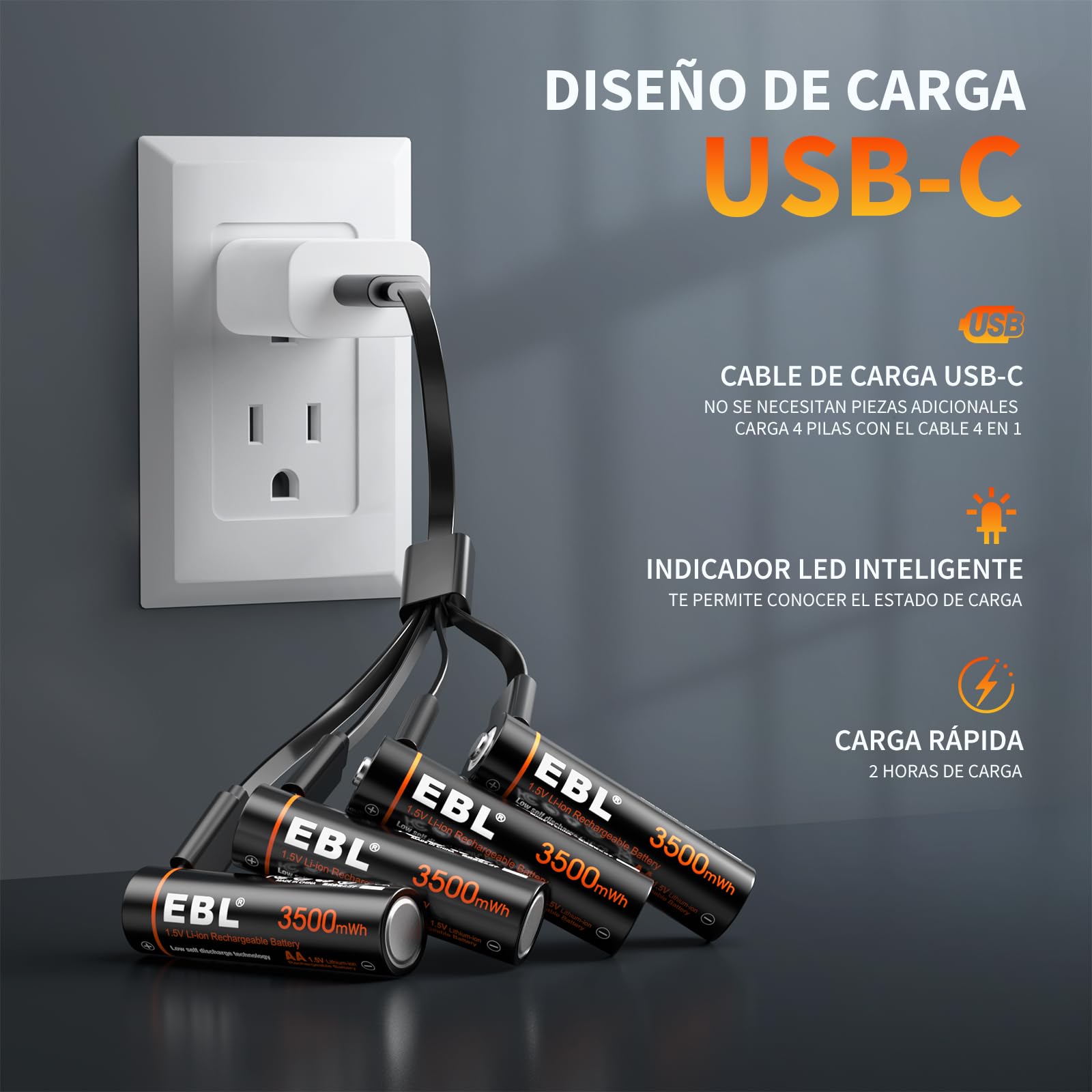 EBL Pilas Recargables AA 3500mWh Alta Capacidad con USB, Pilas AA Precarga y Baja Autodescarga Pilas 3500mWh (NO 3500mAh)