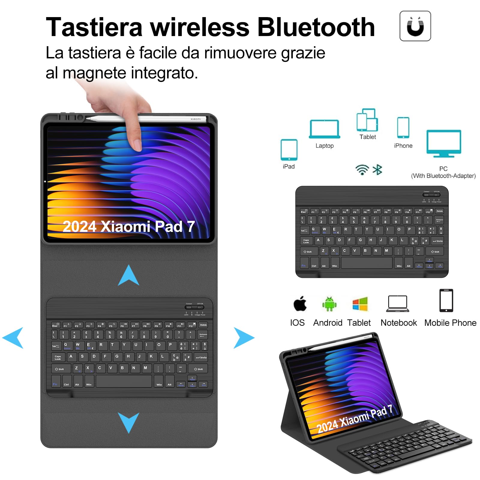 WINCHKING Custodia con Tastiera per Xiaomi Pad 8/8 Pro 11.2", Cover Magnetica Rimovibile Tastiera per Xiaomi Pad 7/8 11.2 Pollici, Italiano QWERTY Layout, Nero