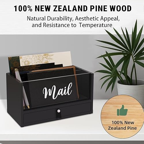 Miniatura 4 de Organizador de almacenamiento de correo de madera maciza de dos capas con cajón superior e inferior de acrílico transparente, mango de cuero, para