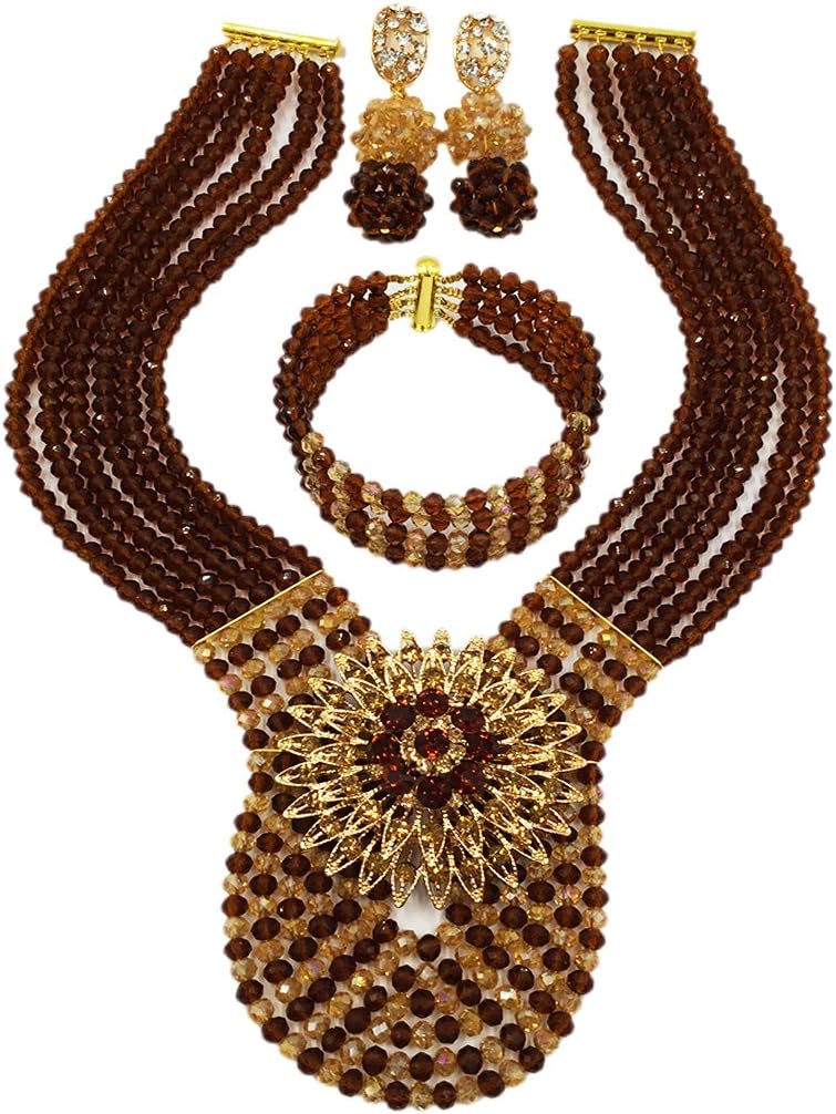 Women's Fashion Beaded Crystal Nigerian Bridal Wedding Party Necklace African Beads Jewelry Set